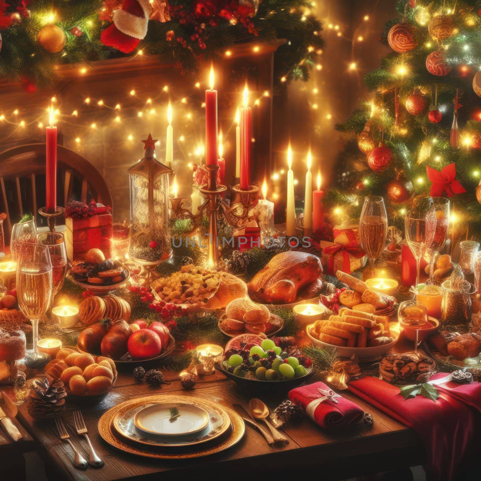 enormous christmas feast laid out on table with decorations and ornaments generative ai