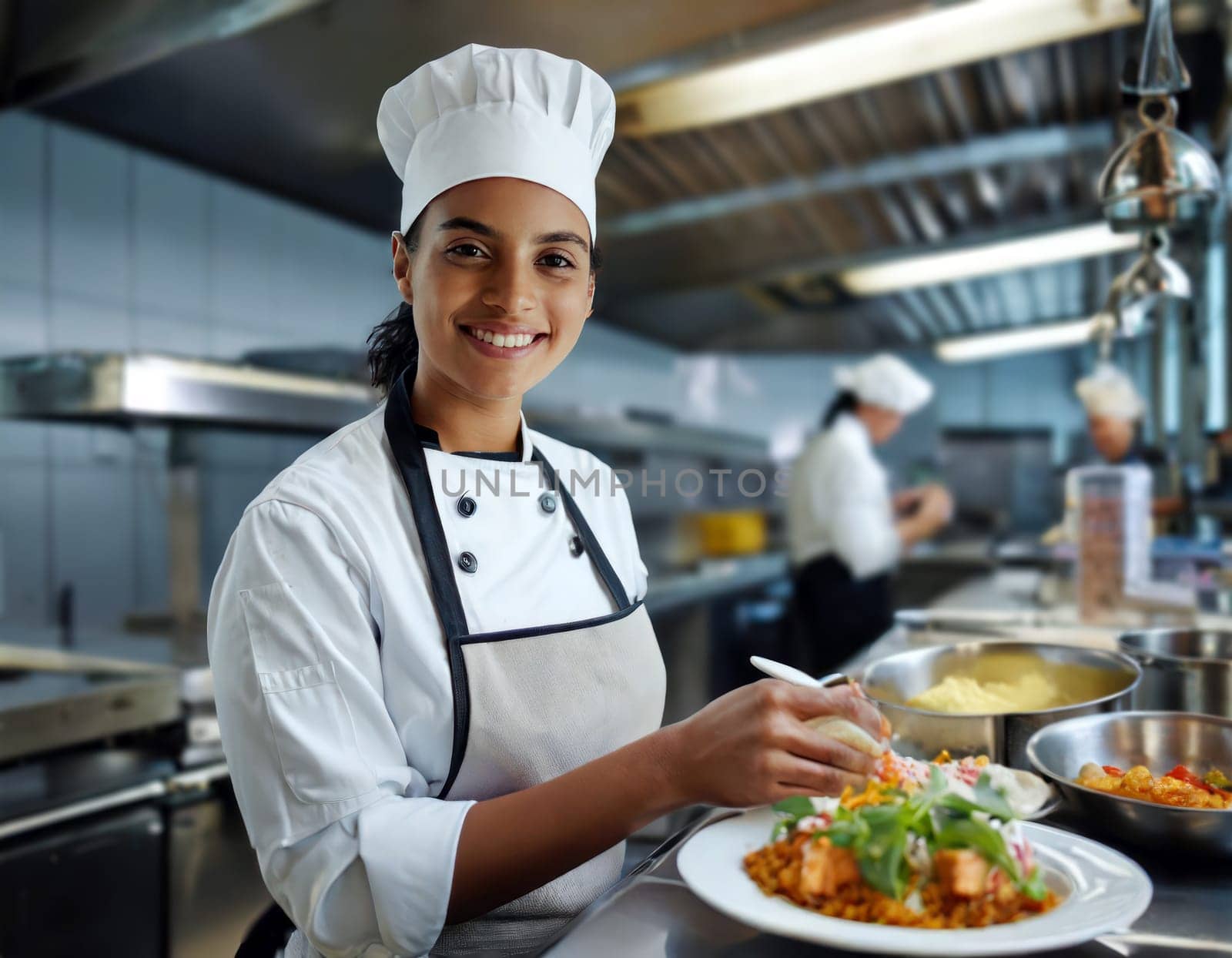 female chef in a commercial kitchen cooking and preparing meals generative ai