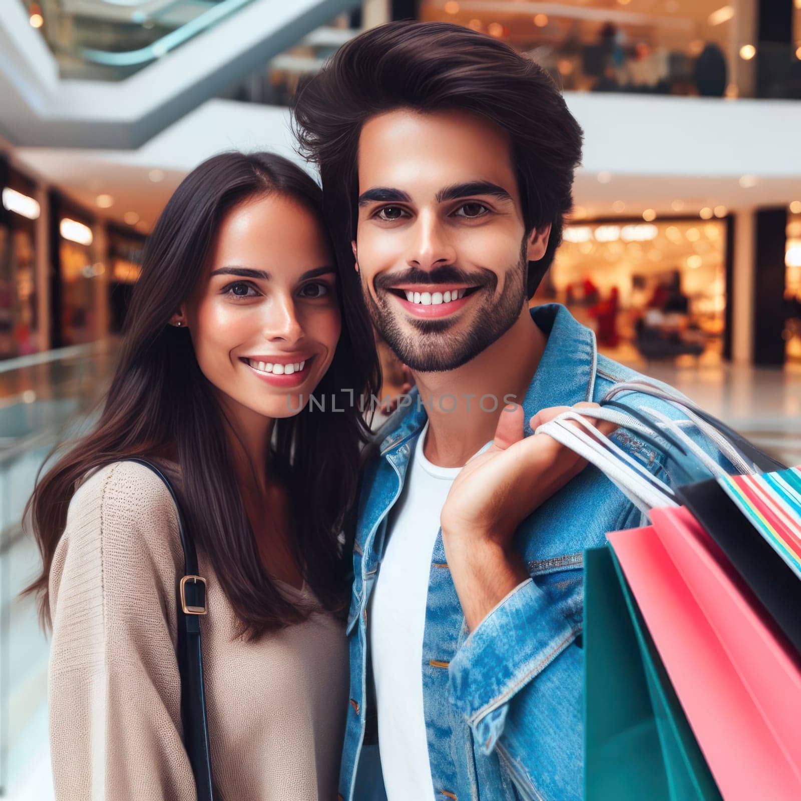 young attractive couple shopping together in a mall generative ai