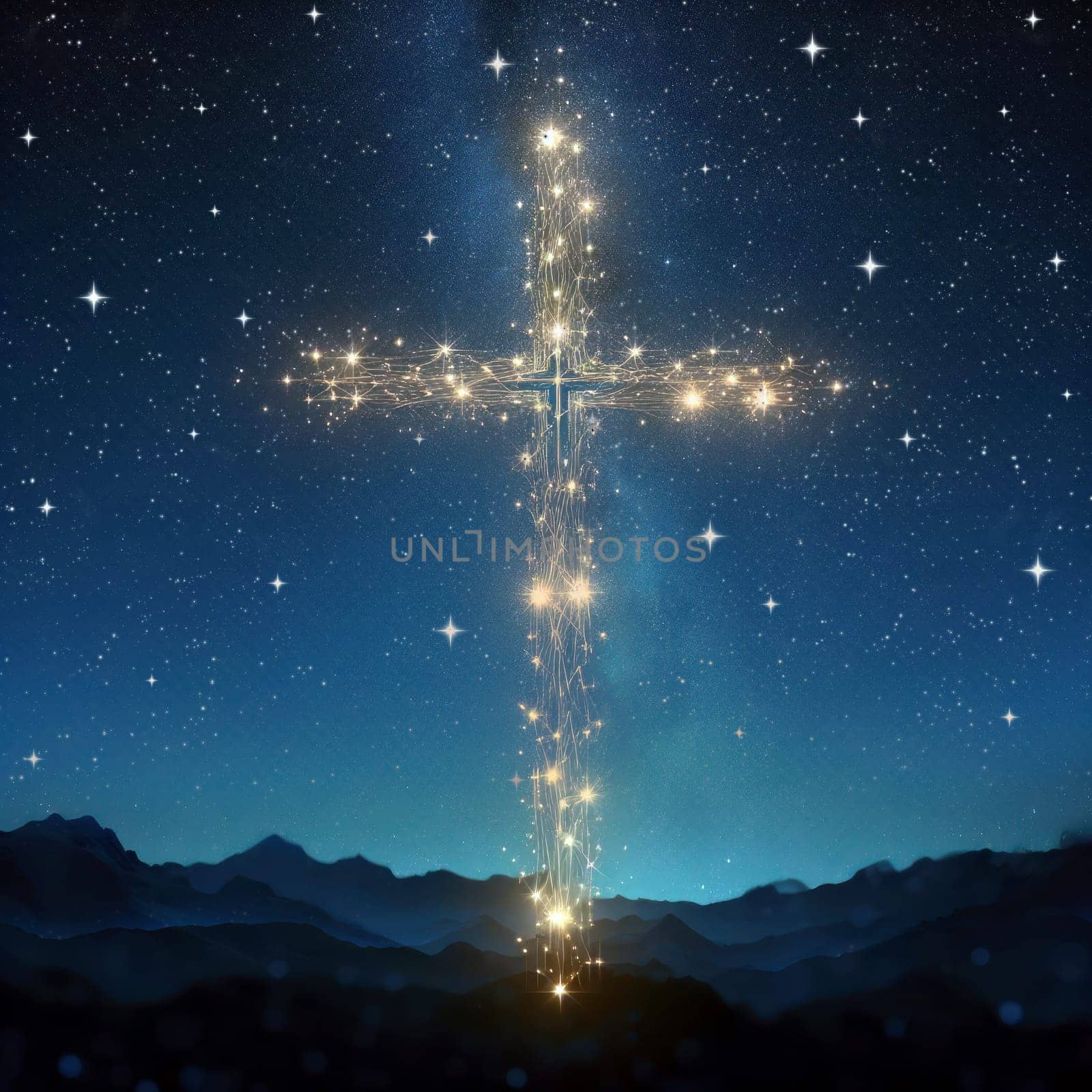 glowing stars forming the christian cross of christ at night illustration generative ai