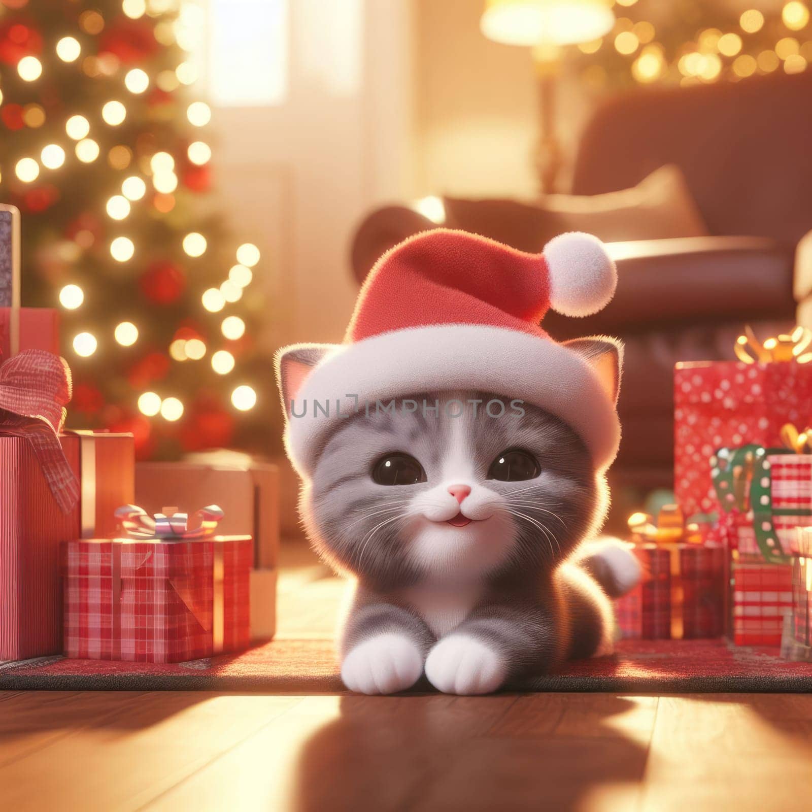 cute kitten wearing santa hat in the gifts and presents at christmas 3d art illustration generative ai