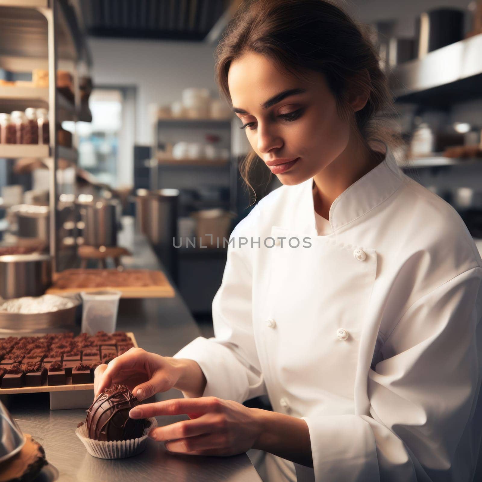 female chocolatier pastry chef working on fine chocolates in kitchen generative ai
