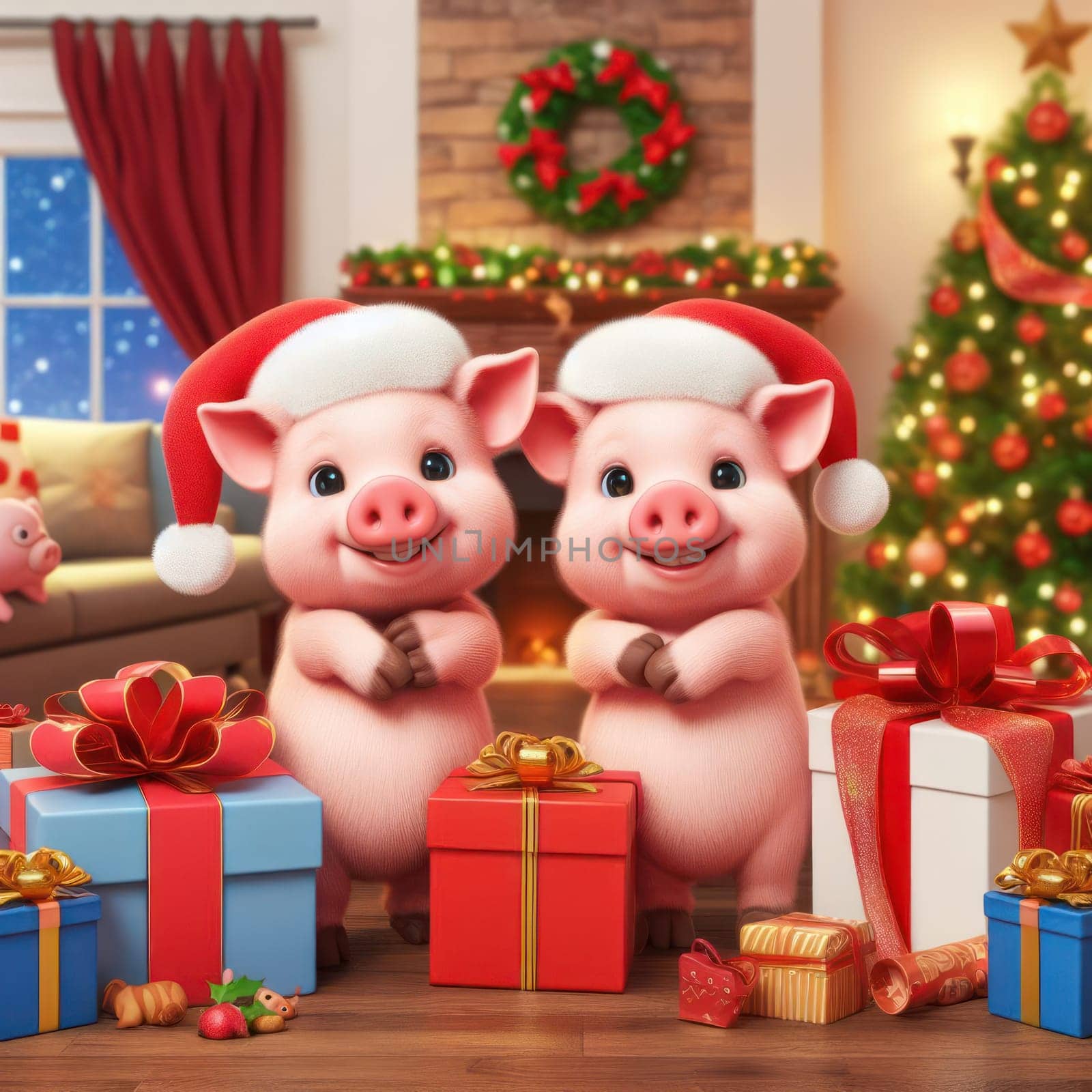 cute little pigs wearing santa hats with christmas presents and gifts generative ai