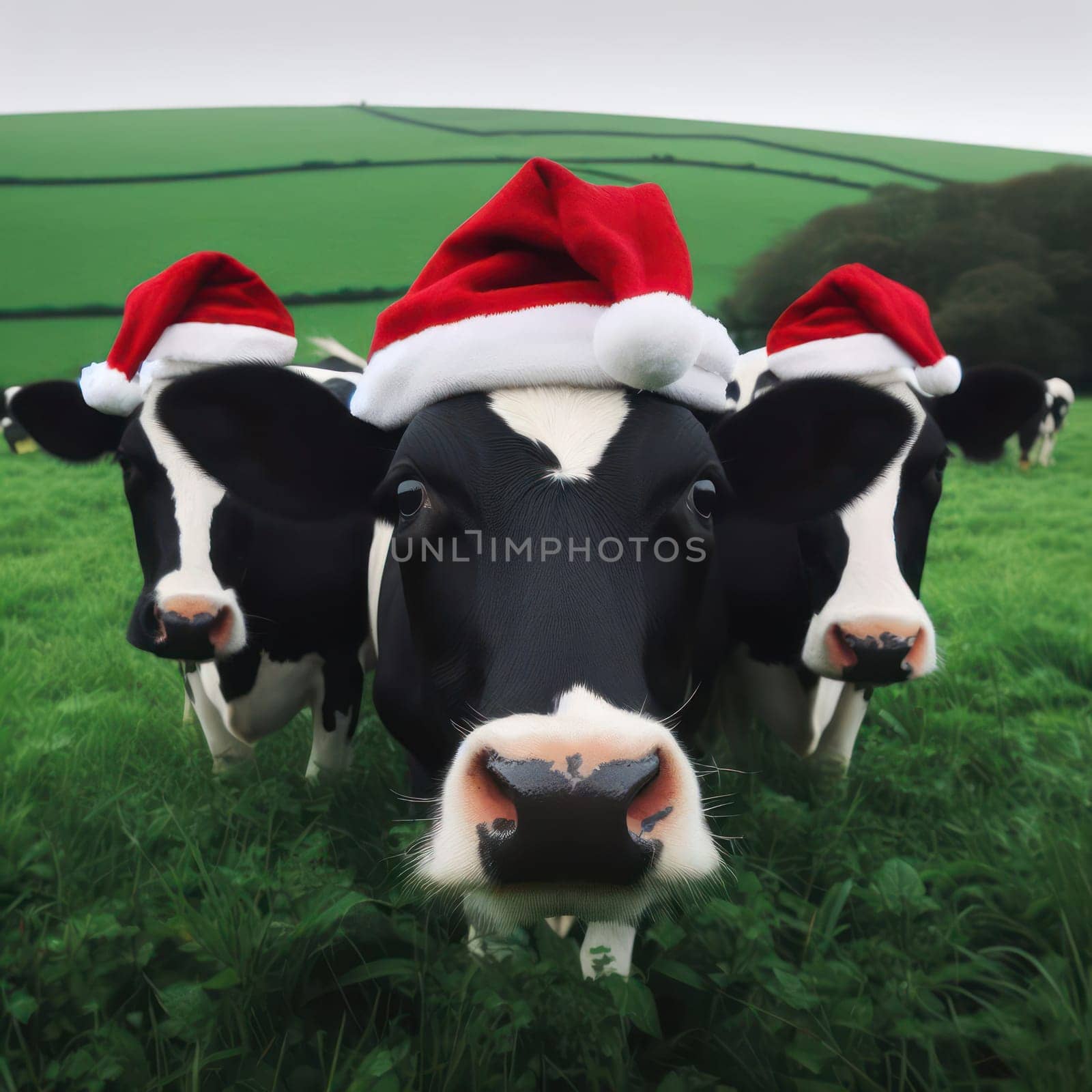 comical image of cows in the field wearing santa hat generative ai