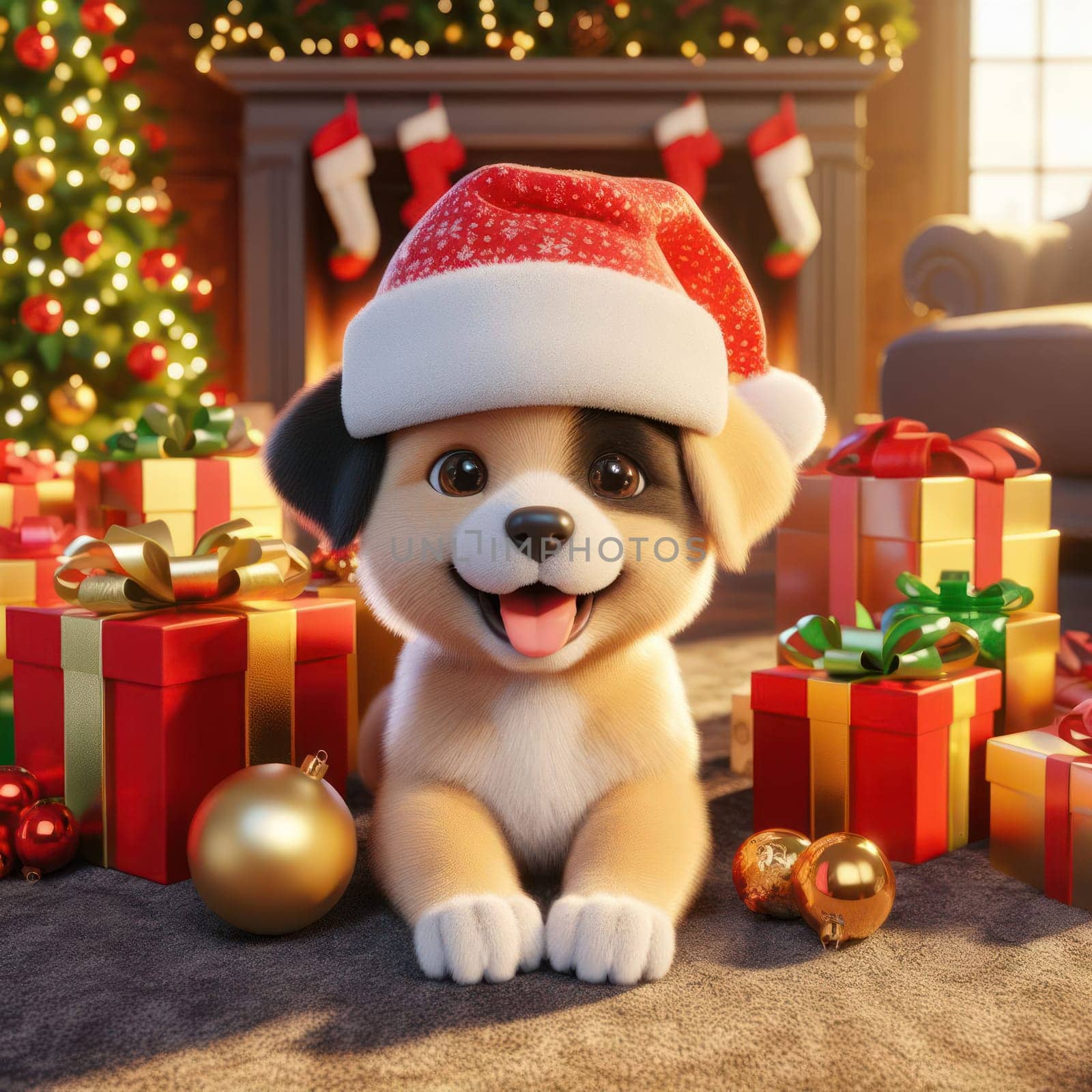 cute 3d art puppy with santa hat and gifts on christmas morning generative ai