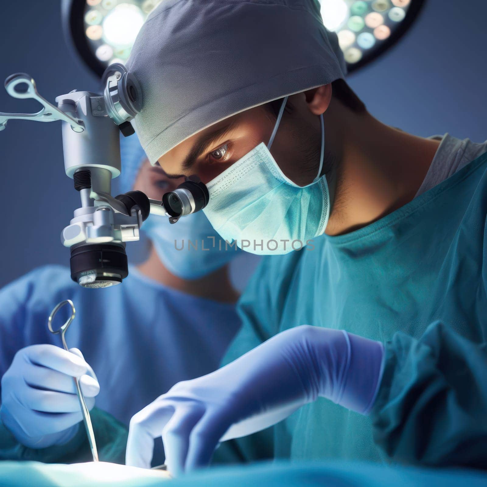 doctor in scrubs and mask performing an operation in the theatre generative ai