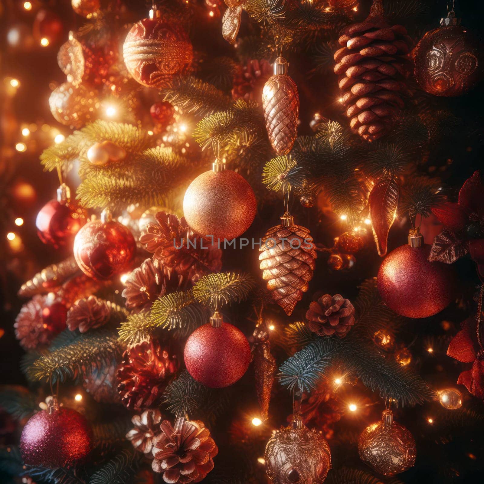 closeup of beautiful tree with lights and ornaments generative ai