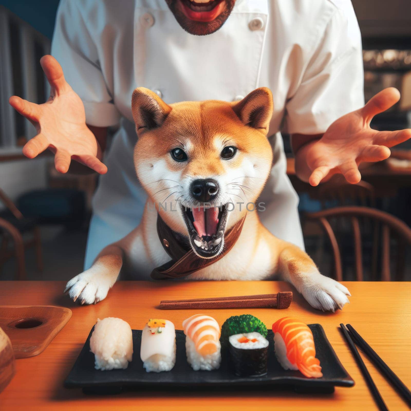 shiba inu dog customer is angry with sushi and arguing with chef in restaurant generative ai