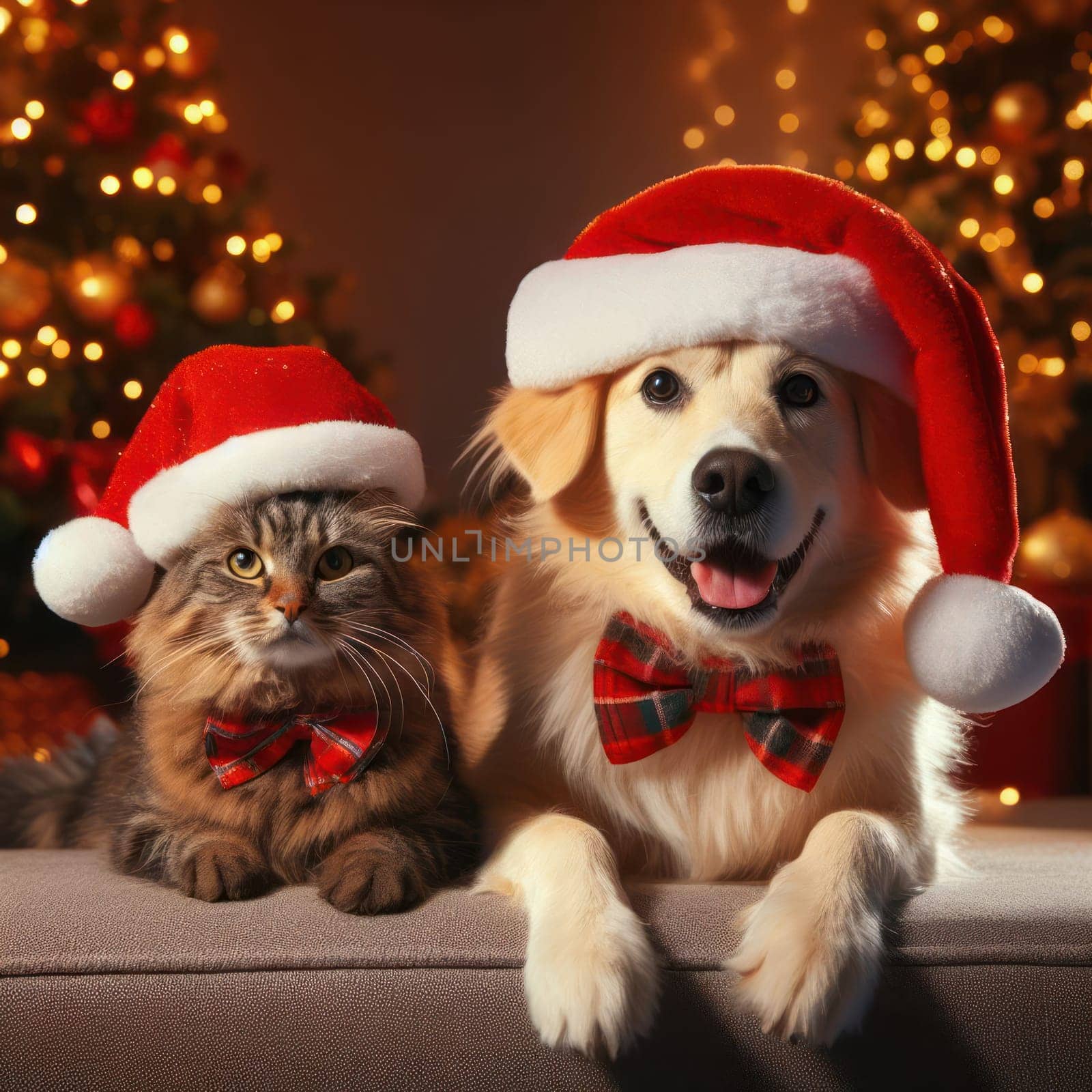 dog and a cat sitting together with santa hats at christmas generative ai