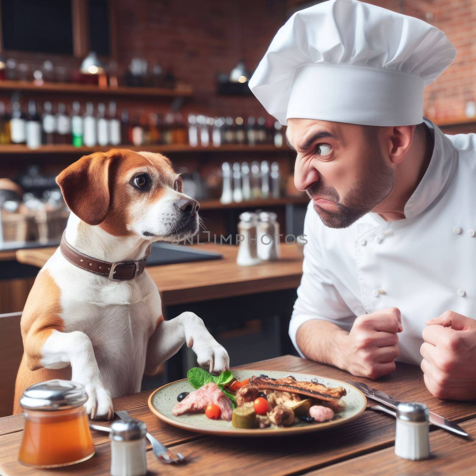 fussy dog customer doesnt want the food given by a chef in restaurant generative ai