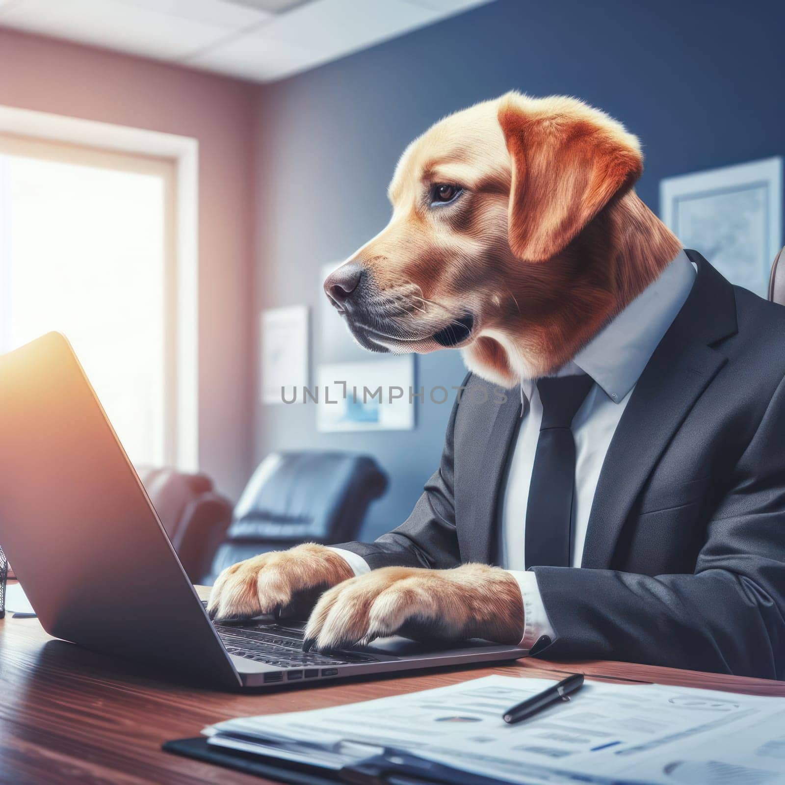 well dressed dog in a suit working hard at desk in the business office generative ai