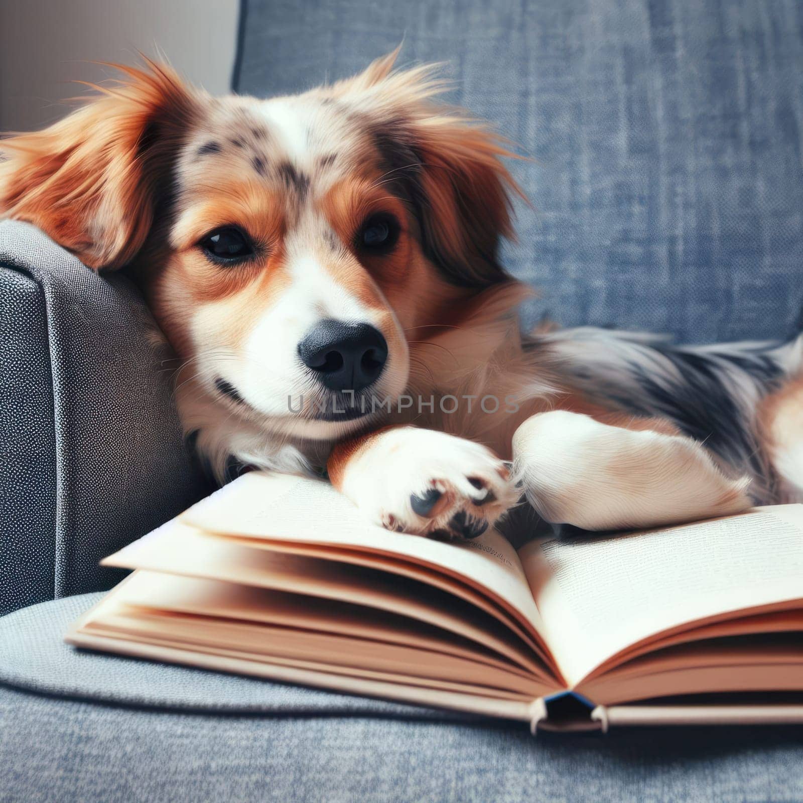 dog is relaxed and laying on sofa reading a book generative ai