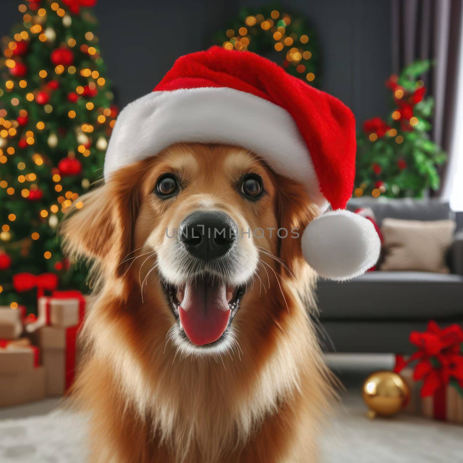 golden retriever dog wearing santa hat amongst the gifts at christmas time generative ai