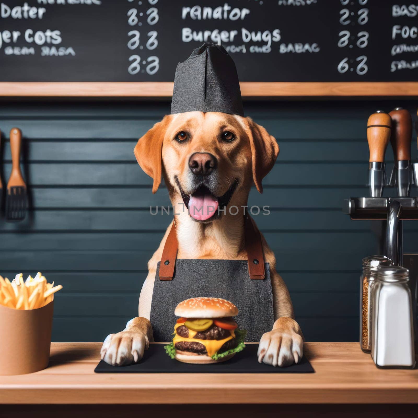 dog server in fast food restaurant gives you your burger order generative ai