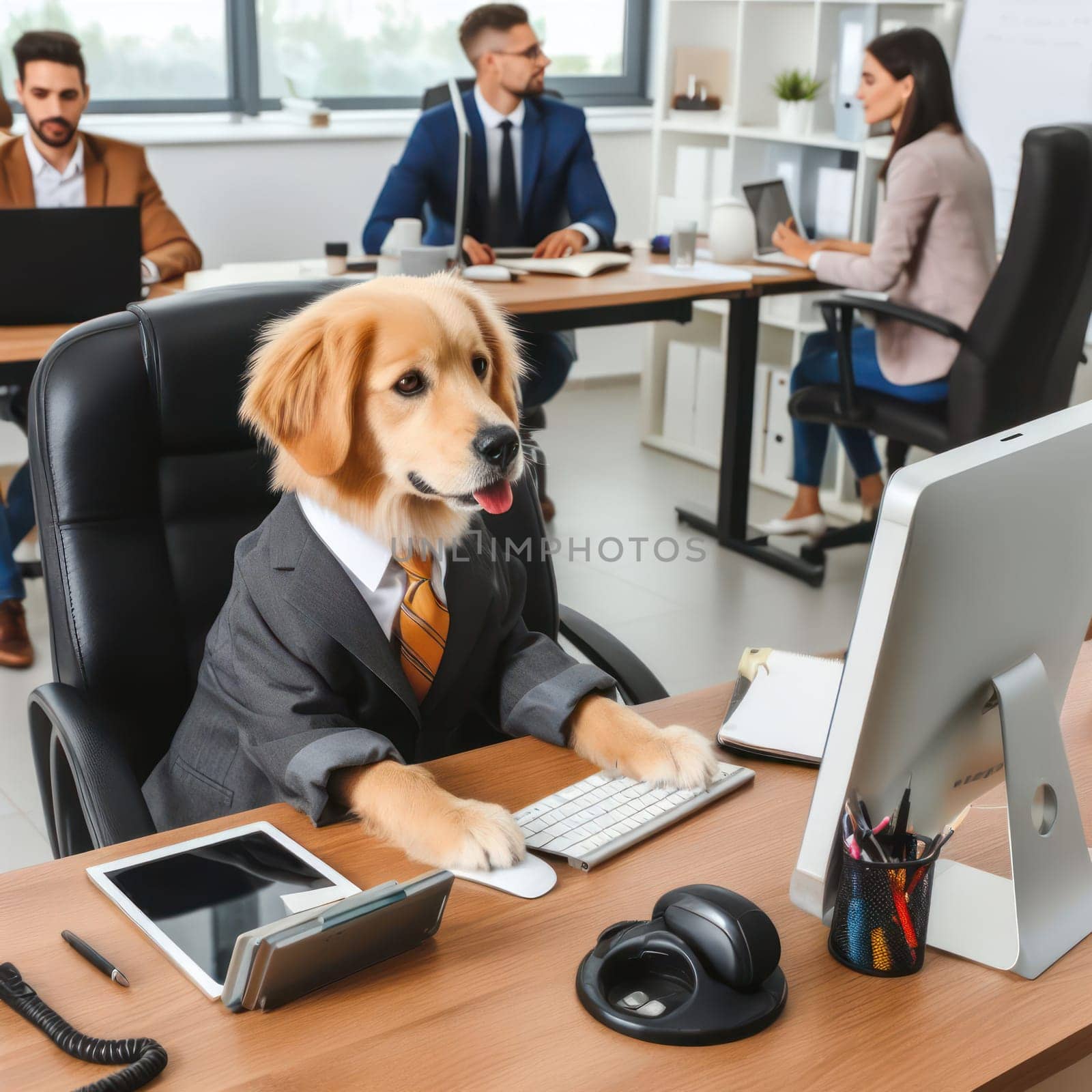 well dressed dog in a suit working hard at desk in the business office generative ai
