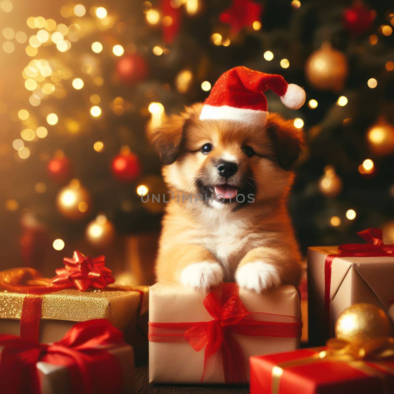 very cute little puppy wearing a santa hat amongst the presents at christmas generative ai