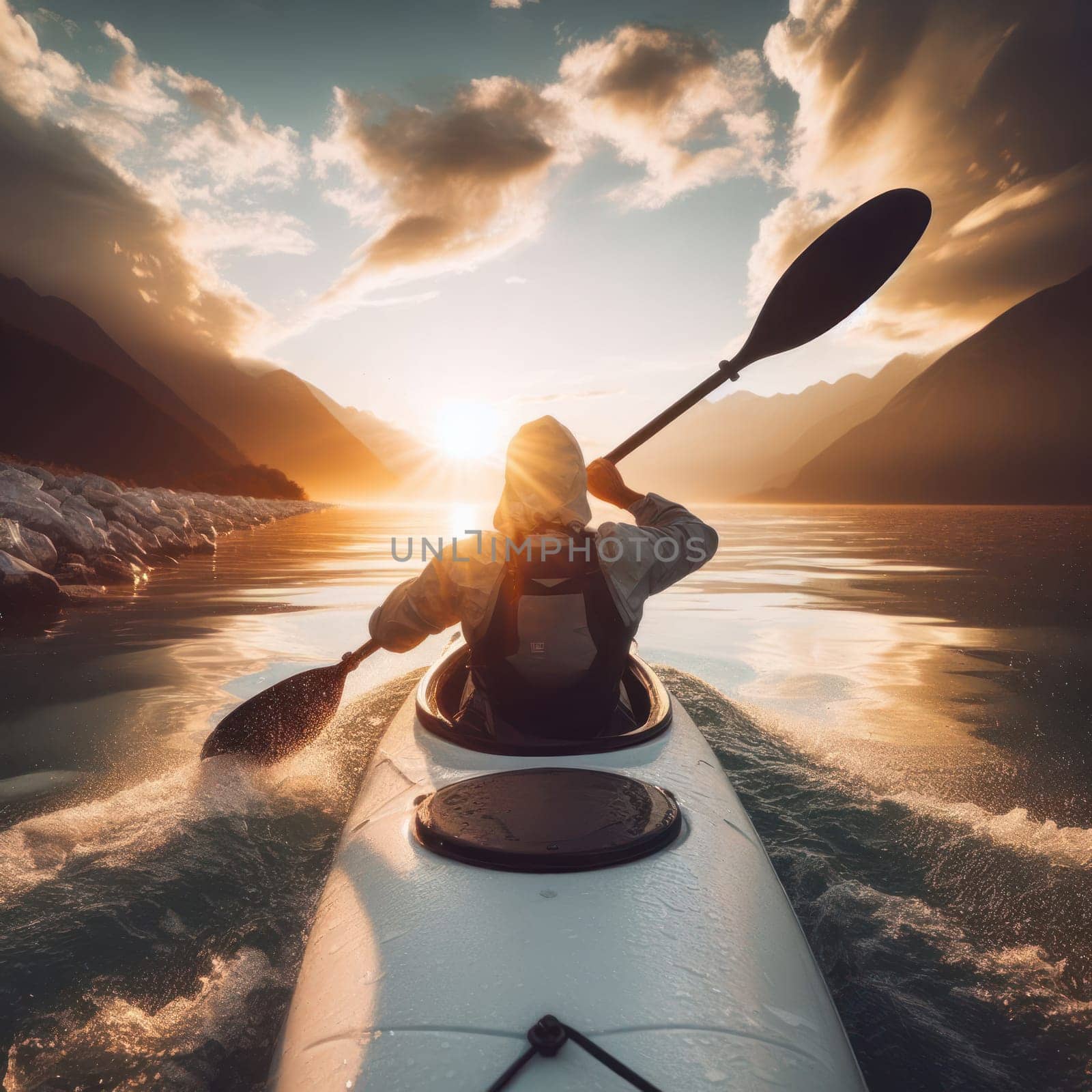 man kayaking or canoeing on a flat water lake at sunrise generative ai photo