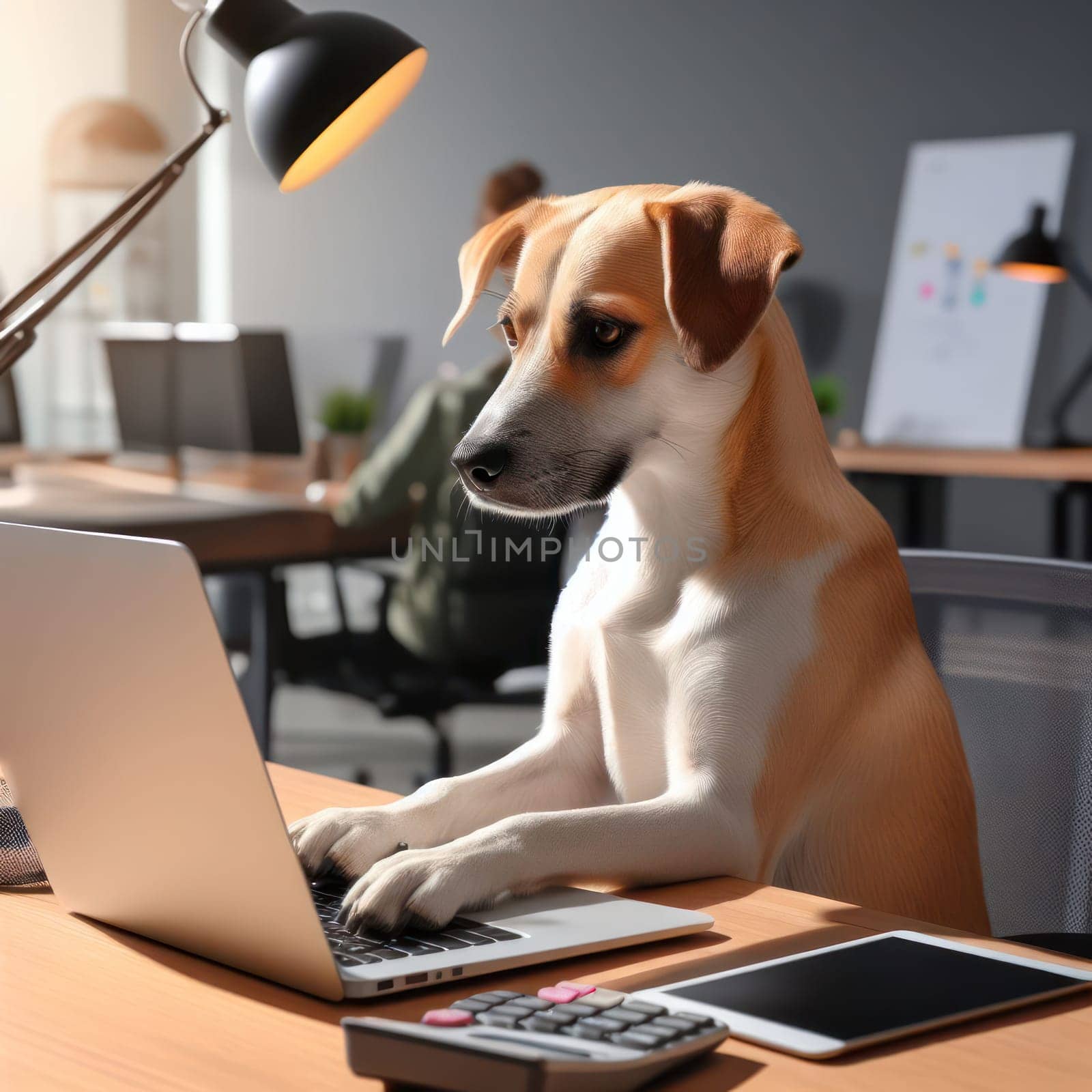 funny dog using a laptop at the desk generative ai