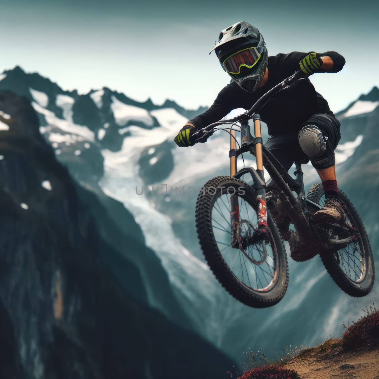 rider going fast when downhill mountain bike riding generative ai