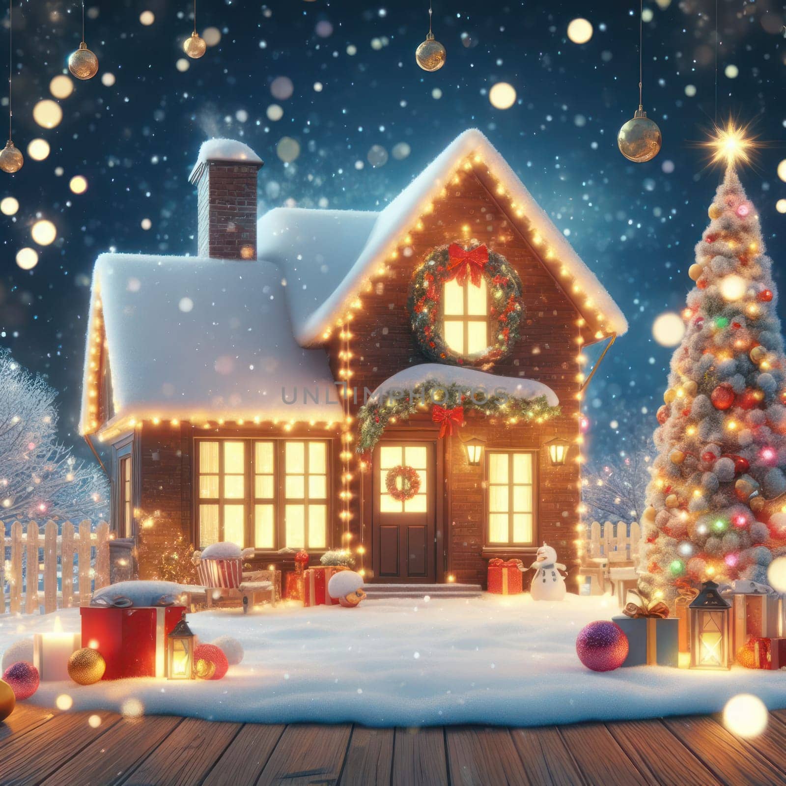 classic snow covered house at christmas with lights and decorations generative ai