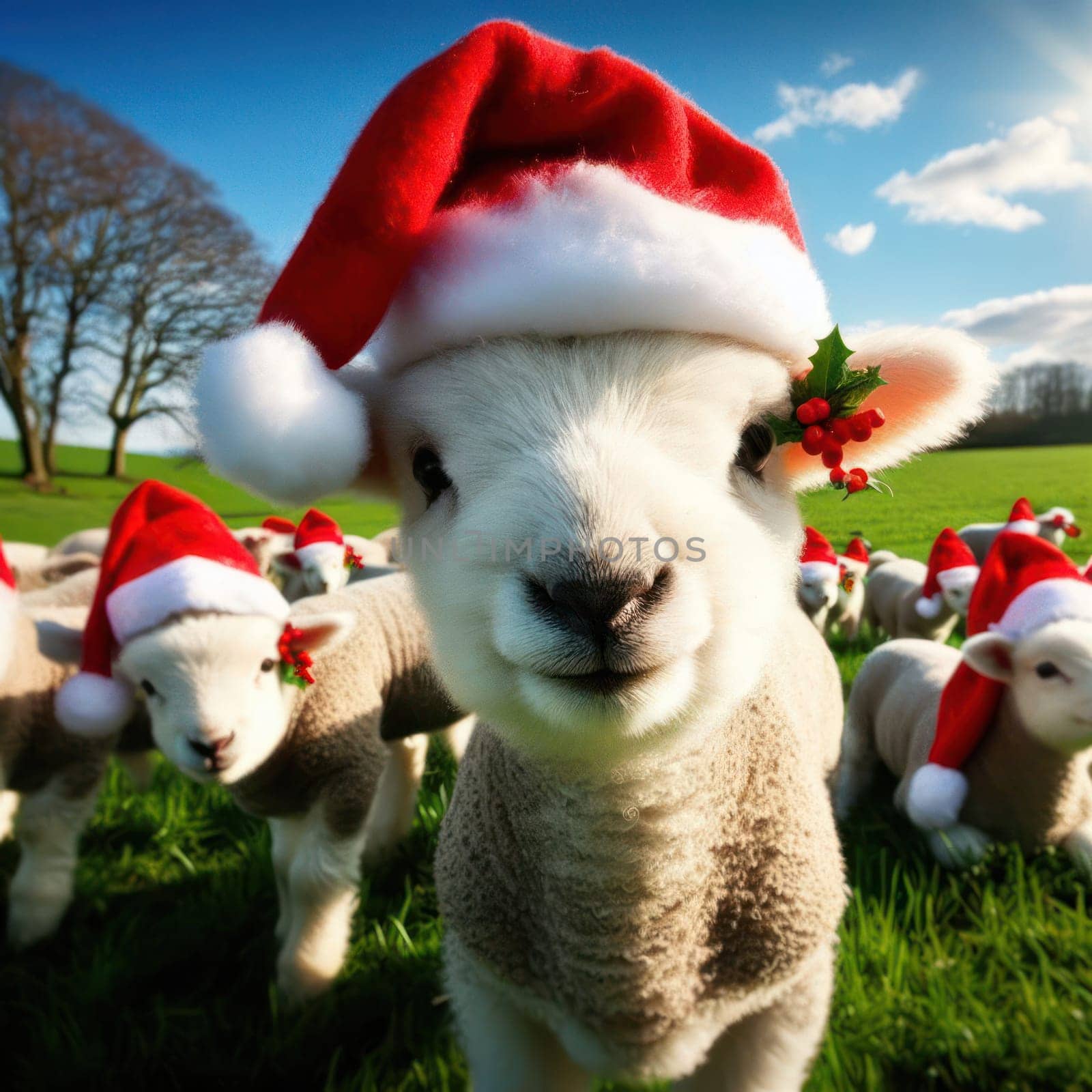 lambs in the grassy meadow wearing santa hats at christmas generative ai