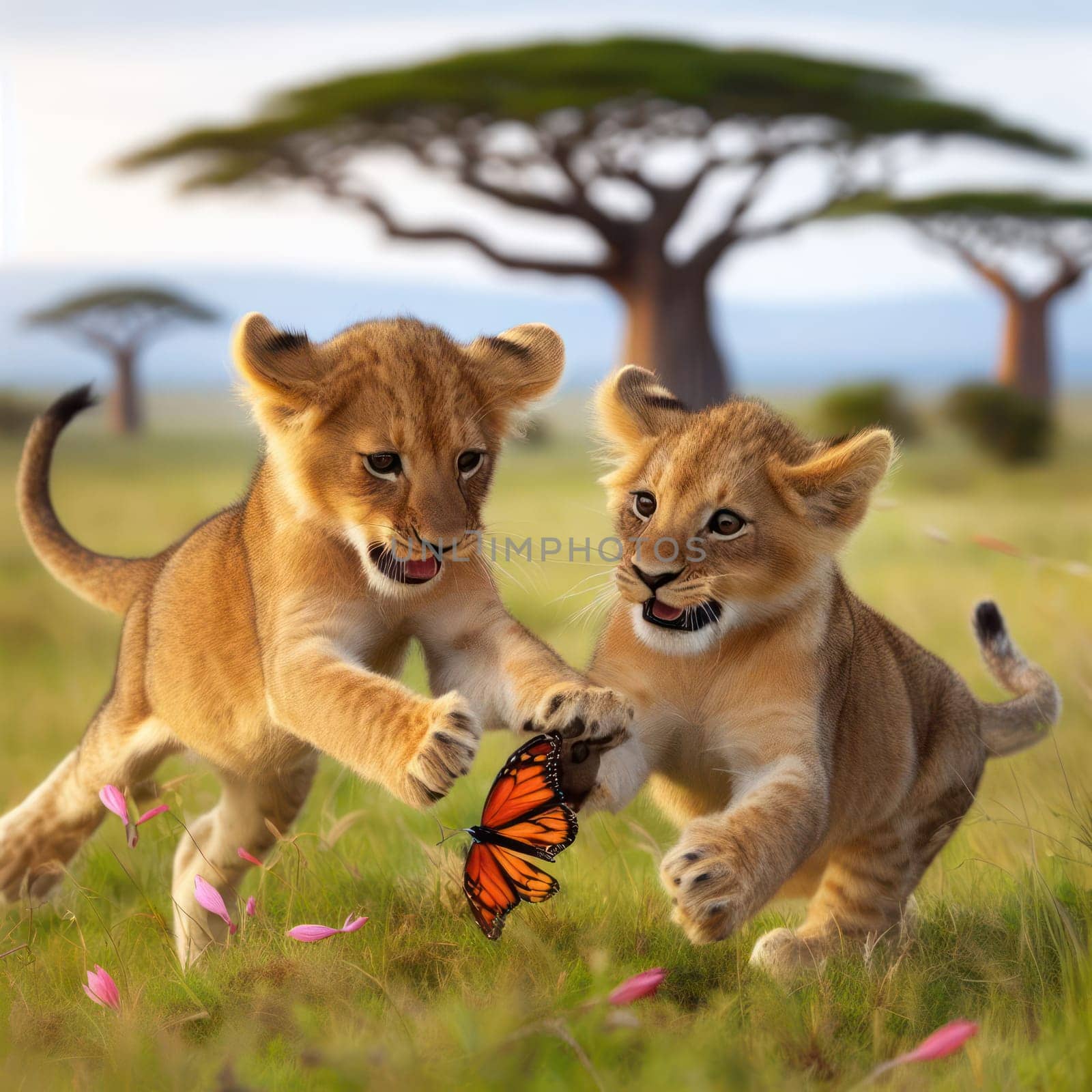 two young lion cubs playing and learning to hunt together generative ai