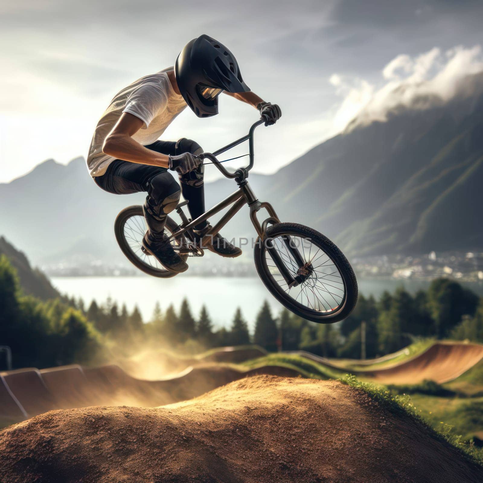 person jumping high on their bmx bike on the track generative ai