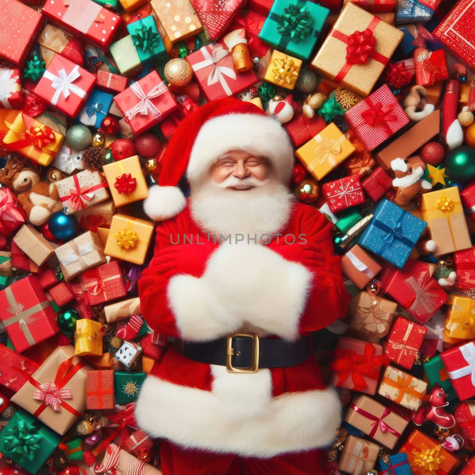 very happy santa claus is surrounded by gifts and presents generative ai