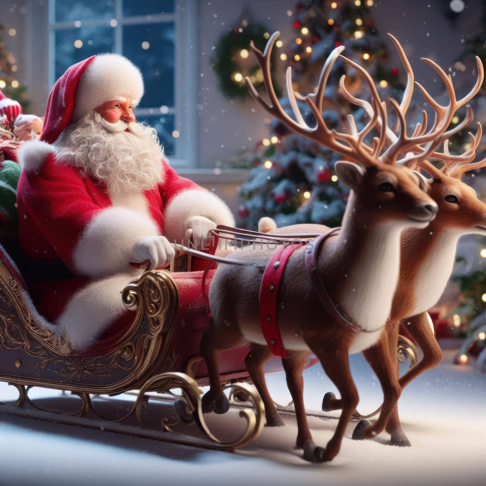 santa claus on a sleigh with reindeer in the snow generative ai