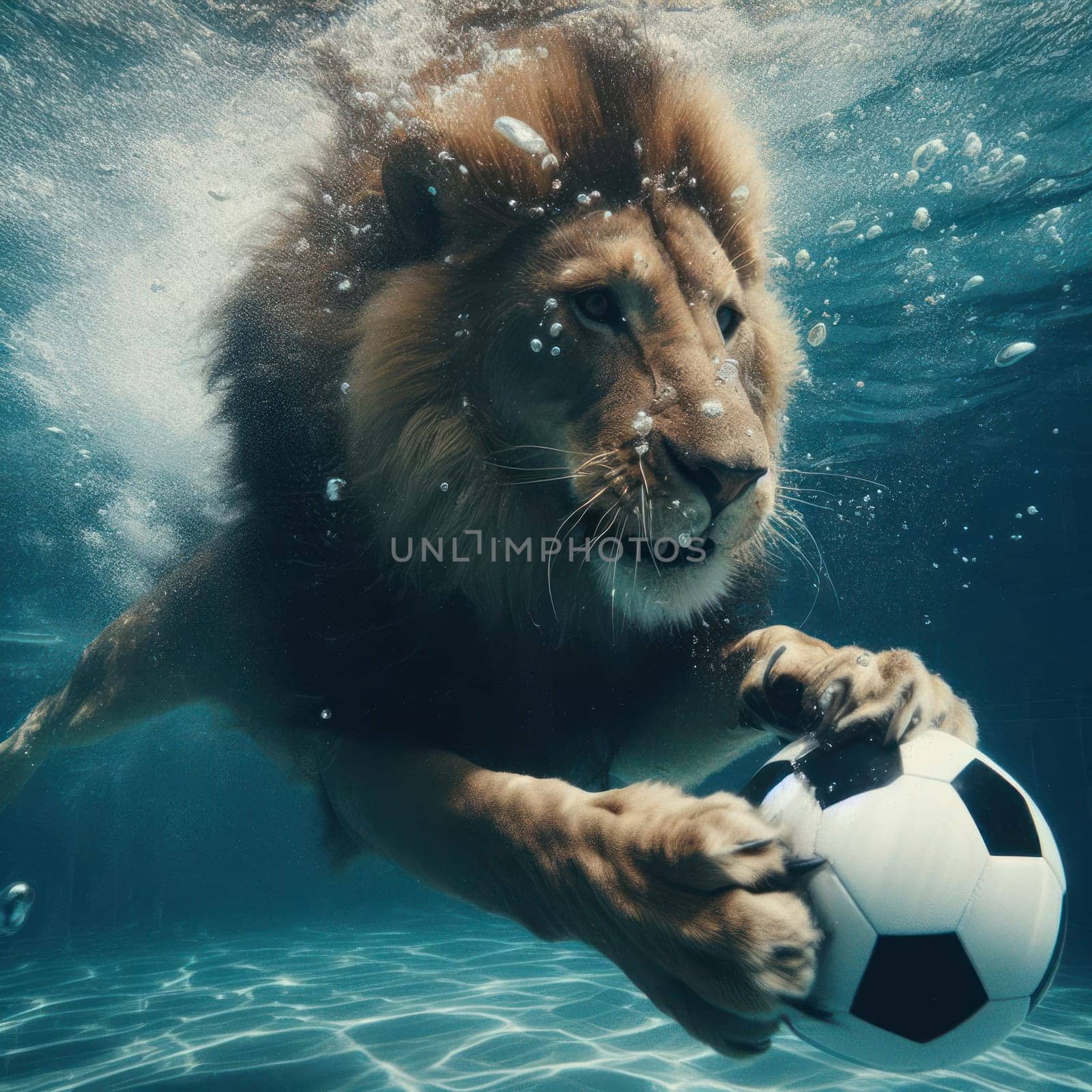 a lion swimming underwater in pool to get the ball generative ai