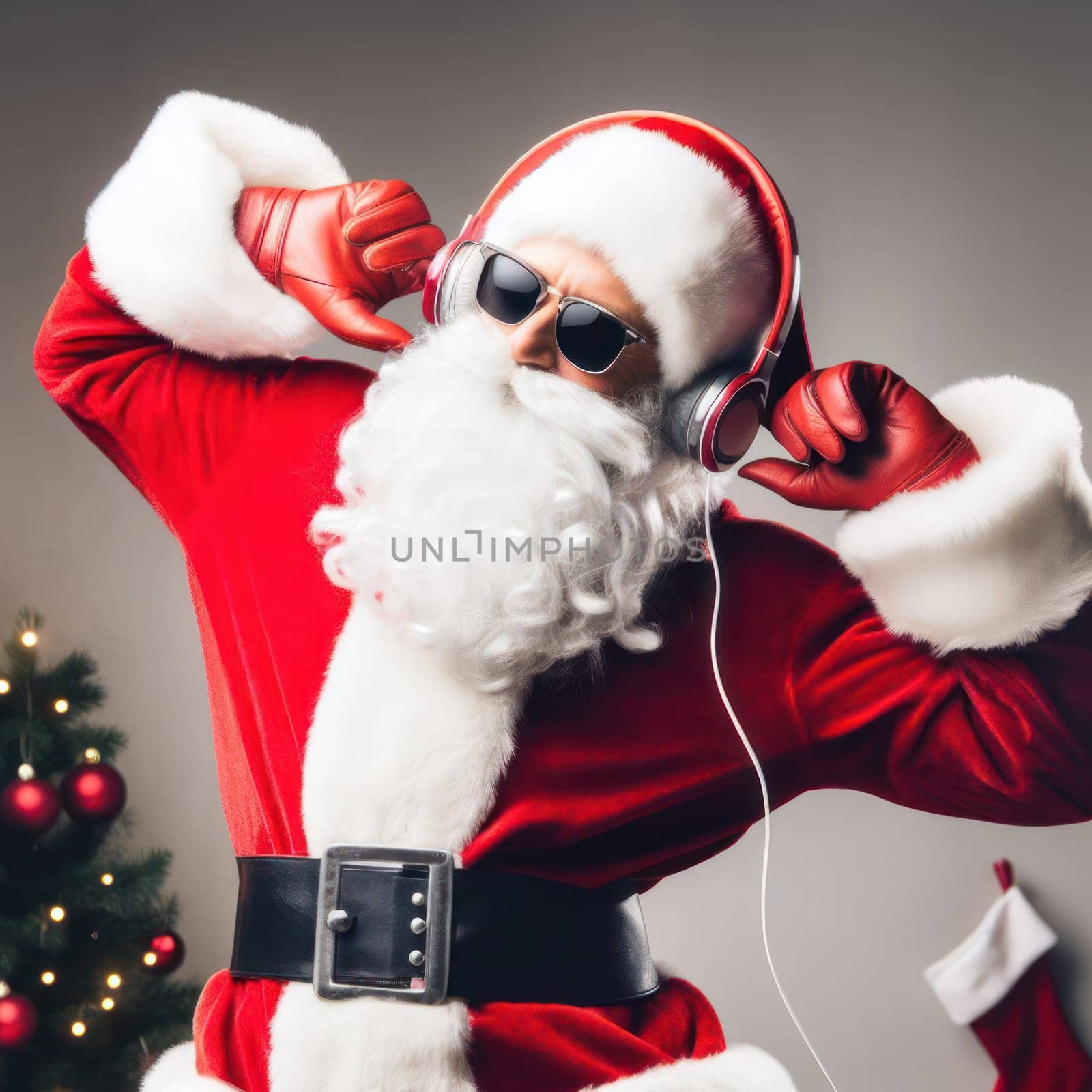 santa with headphones and sunglasses dancing in the lounge room generative ai