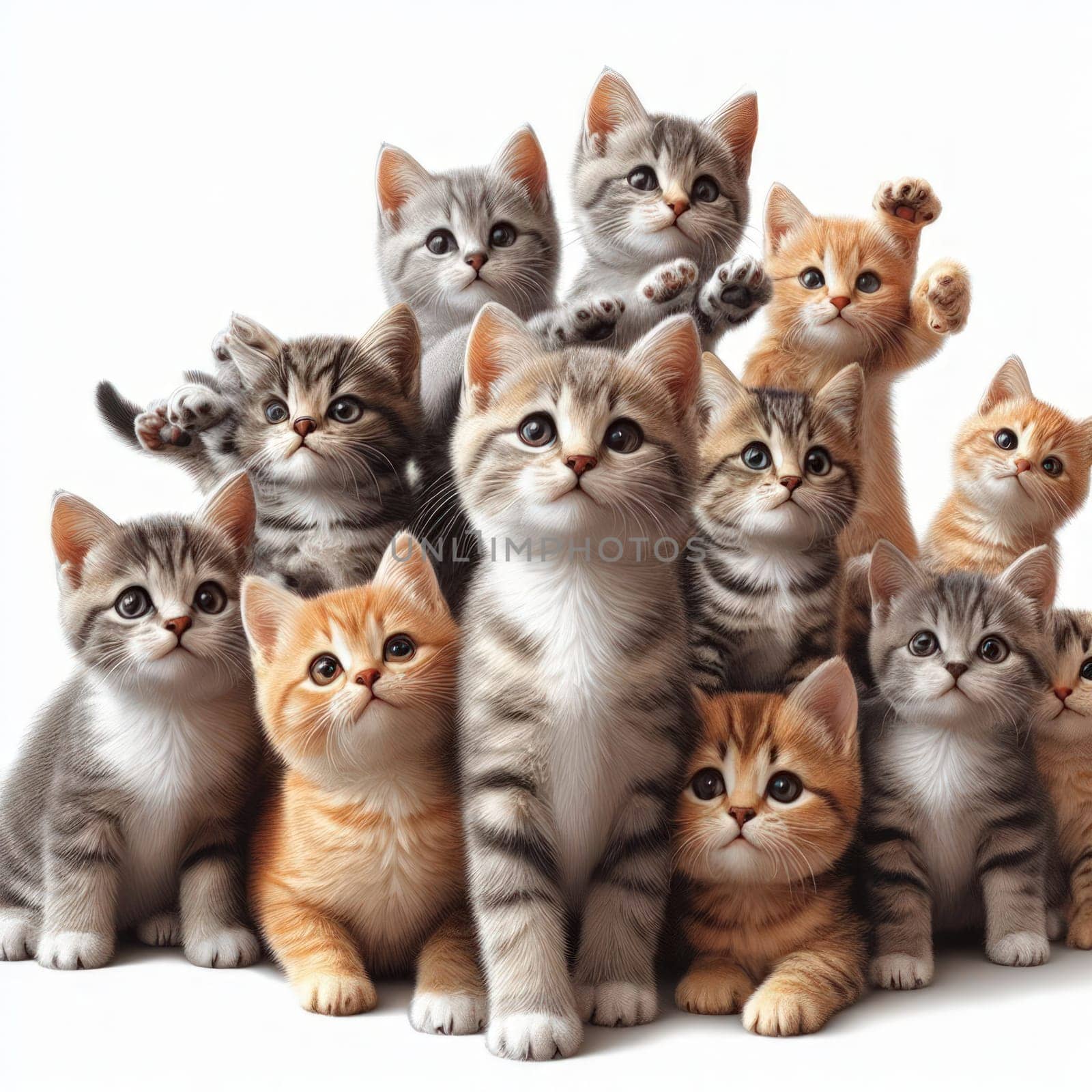 large group of assorted cute kittens on white background generative ai