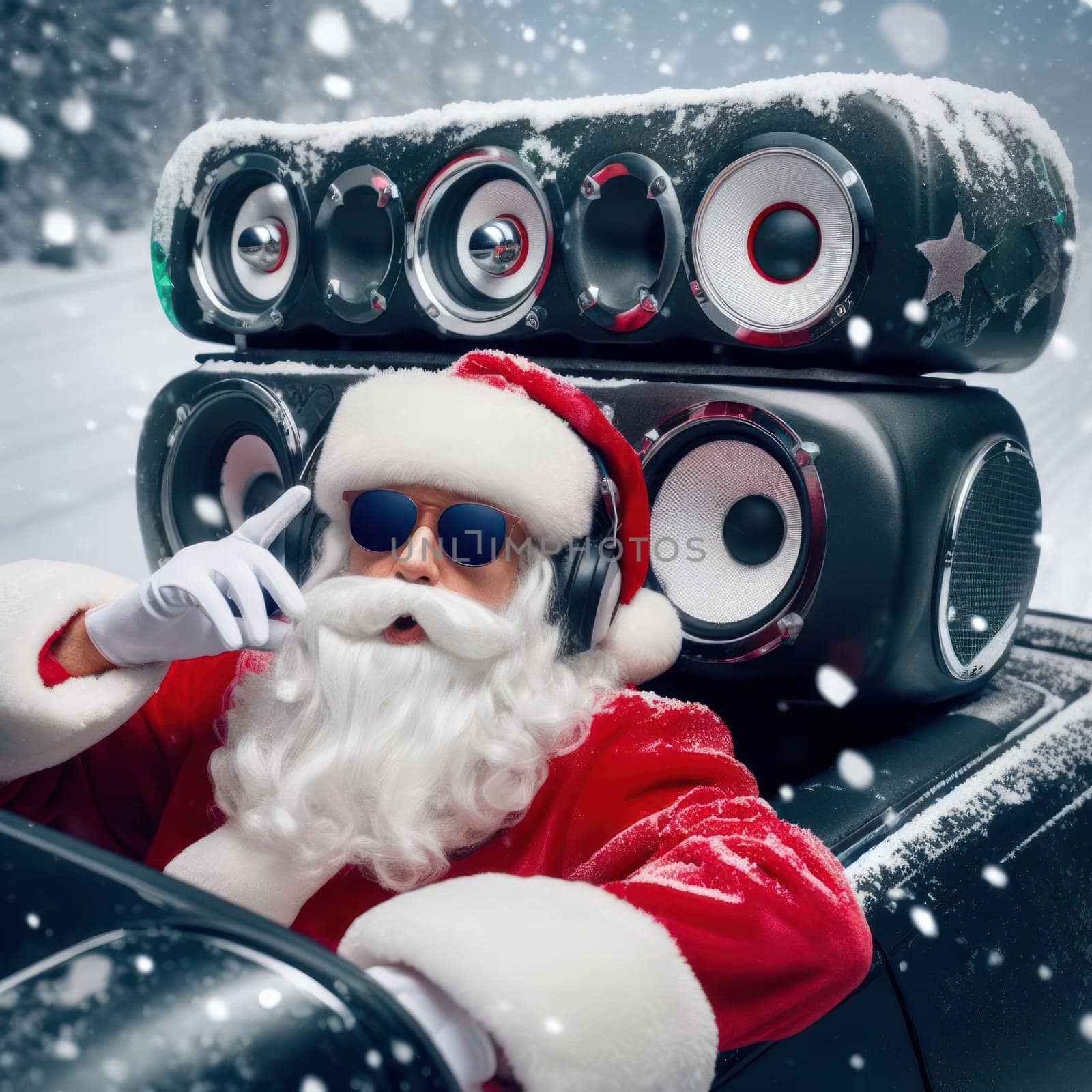 santa with a massive sound system riding in the sleigh generative ai