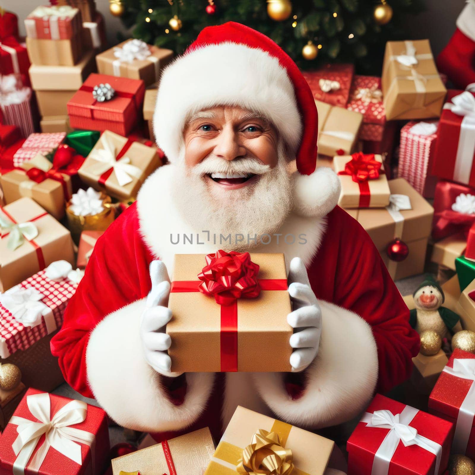 very happy santa claus is surrounded by gifts and presents generative ai
