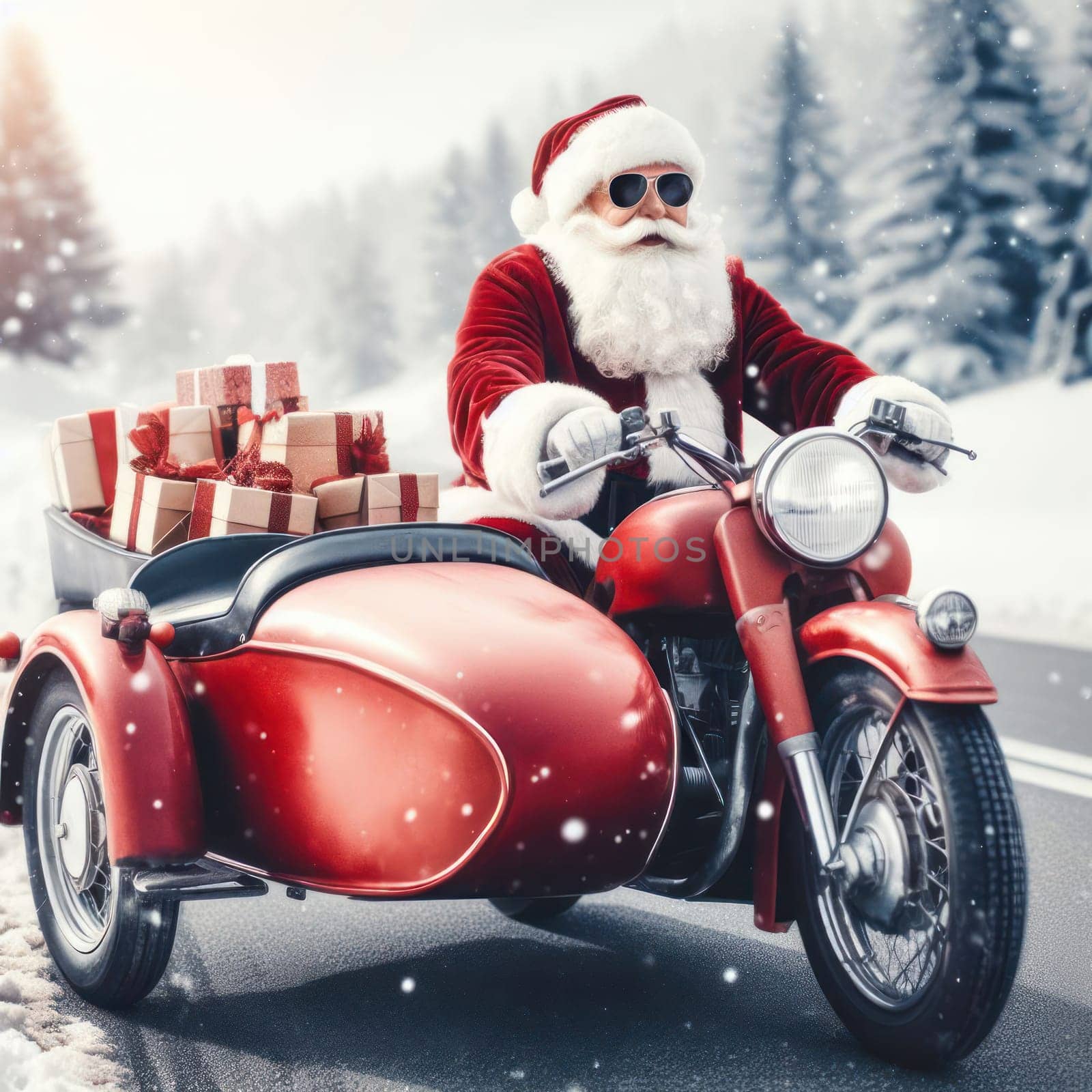 santa claus on a red motorbike with gifts and presents in the sidecar generative ai