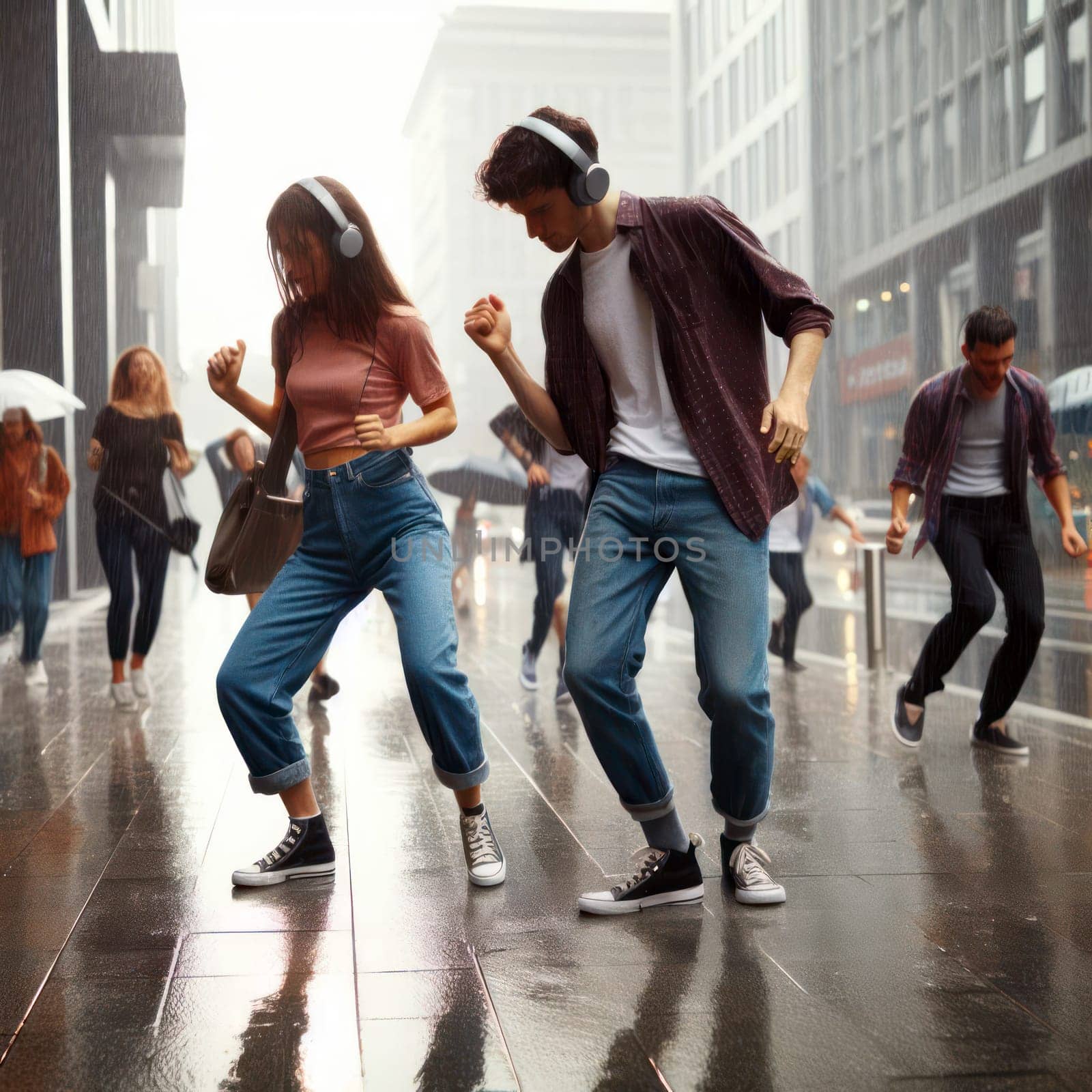 two carefree teenagers listening to music and dancing in the rain  generative ai