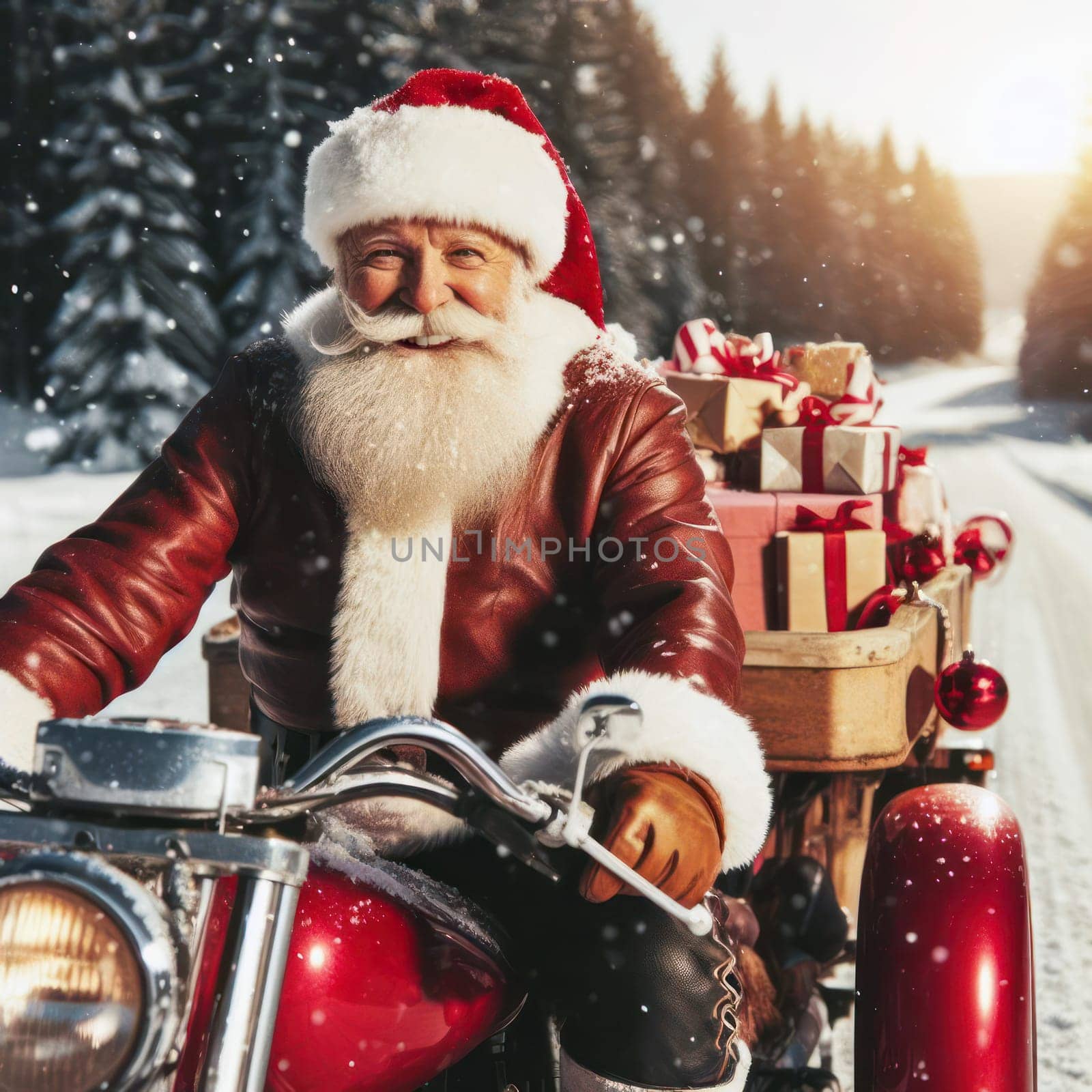 happy santa claus on a red motorbike with gifts and presents in a trailer generative ai