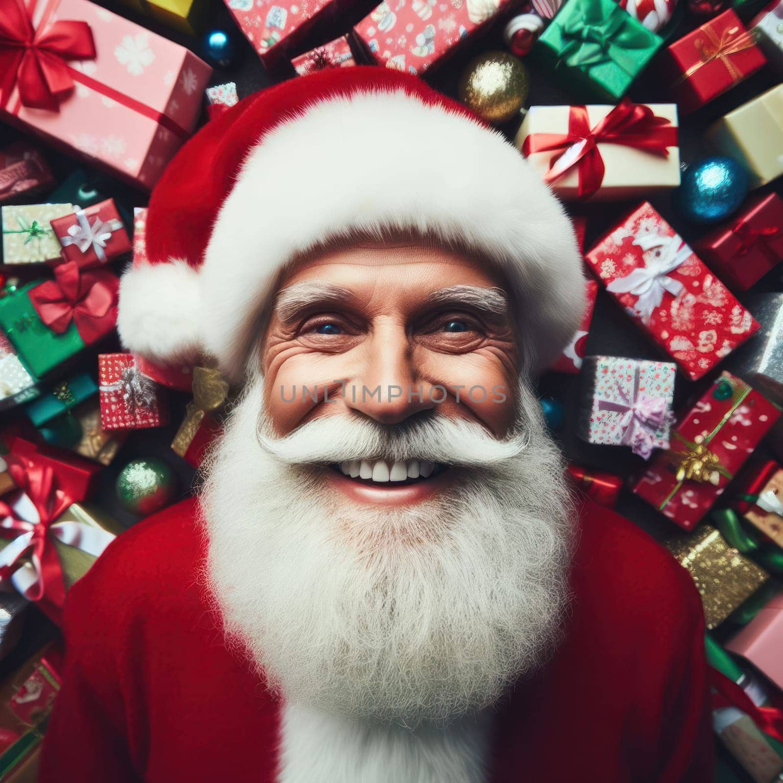 very happy santa claus is surrounded by gifts and presents generative ai