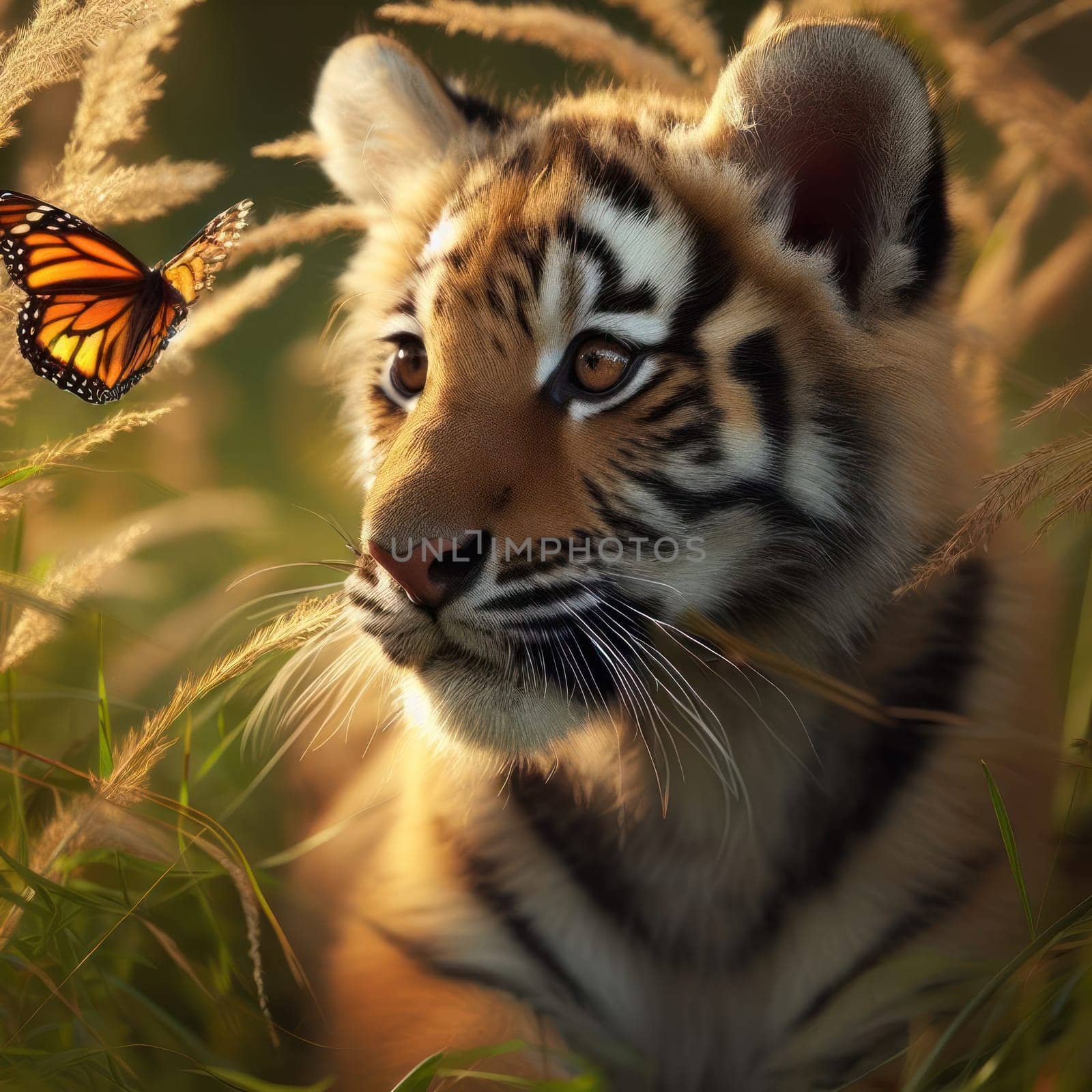 young tiger cub learning and watching a butterfly generative ai