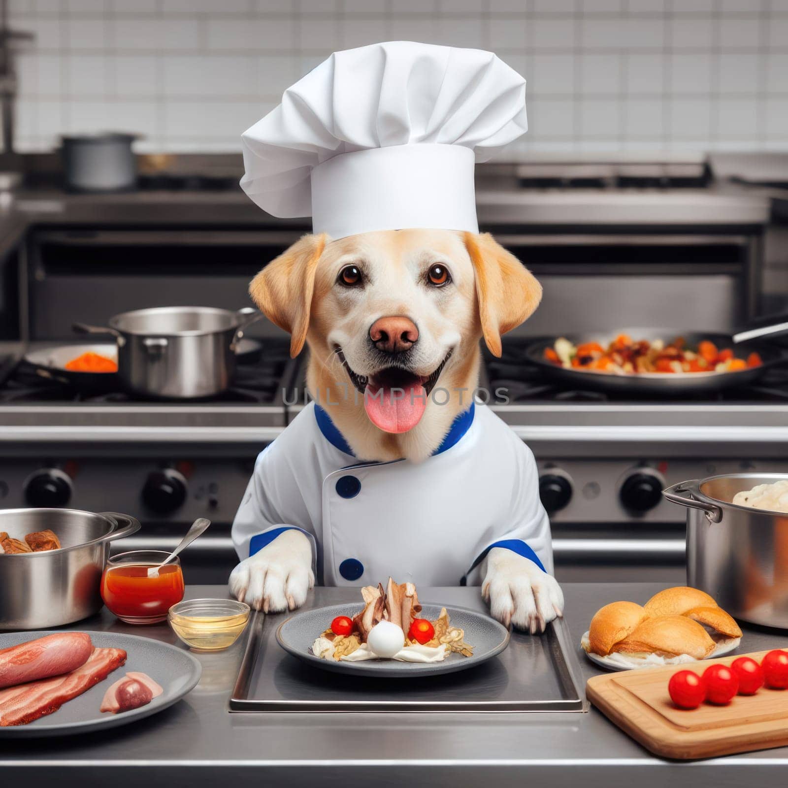 the cook in this restaurant kitchen is a labrador dog wearing chefs hat and jacket generative ai