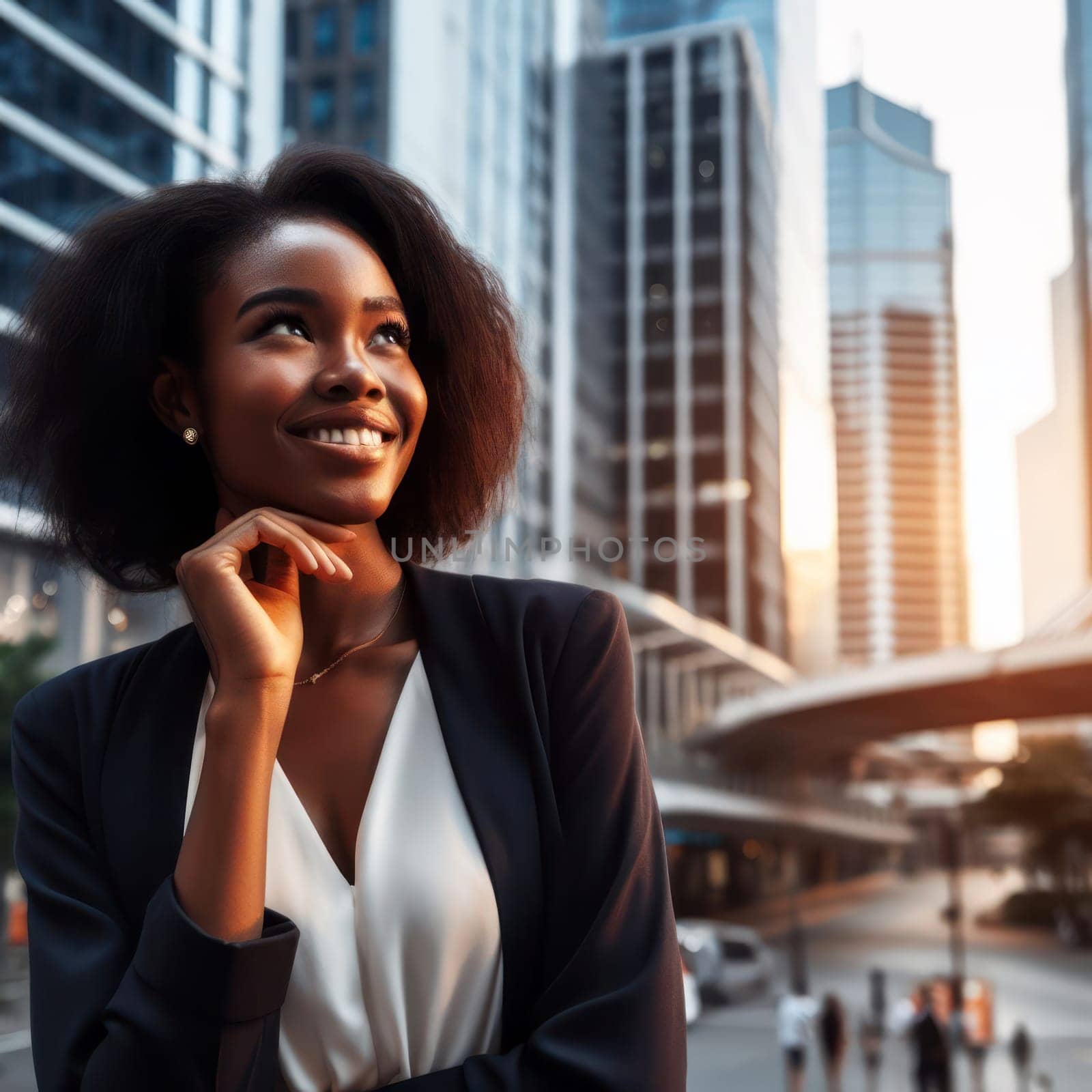 successful black business woman looking at modern city buildings and planning future investments  generative ai