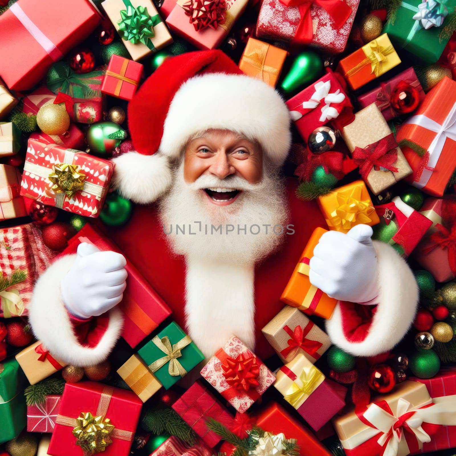 very happy santa claus is surrounded by gifts and presents generative ai