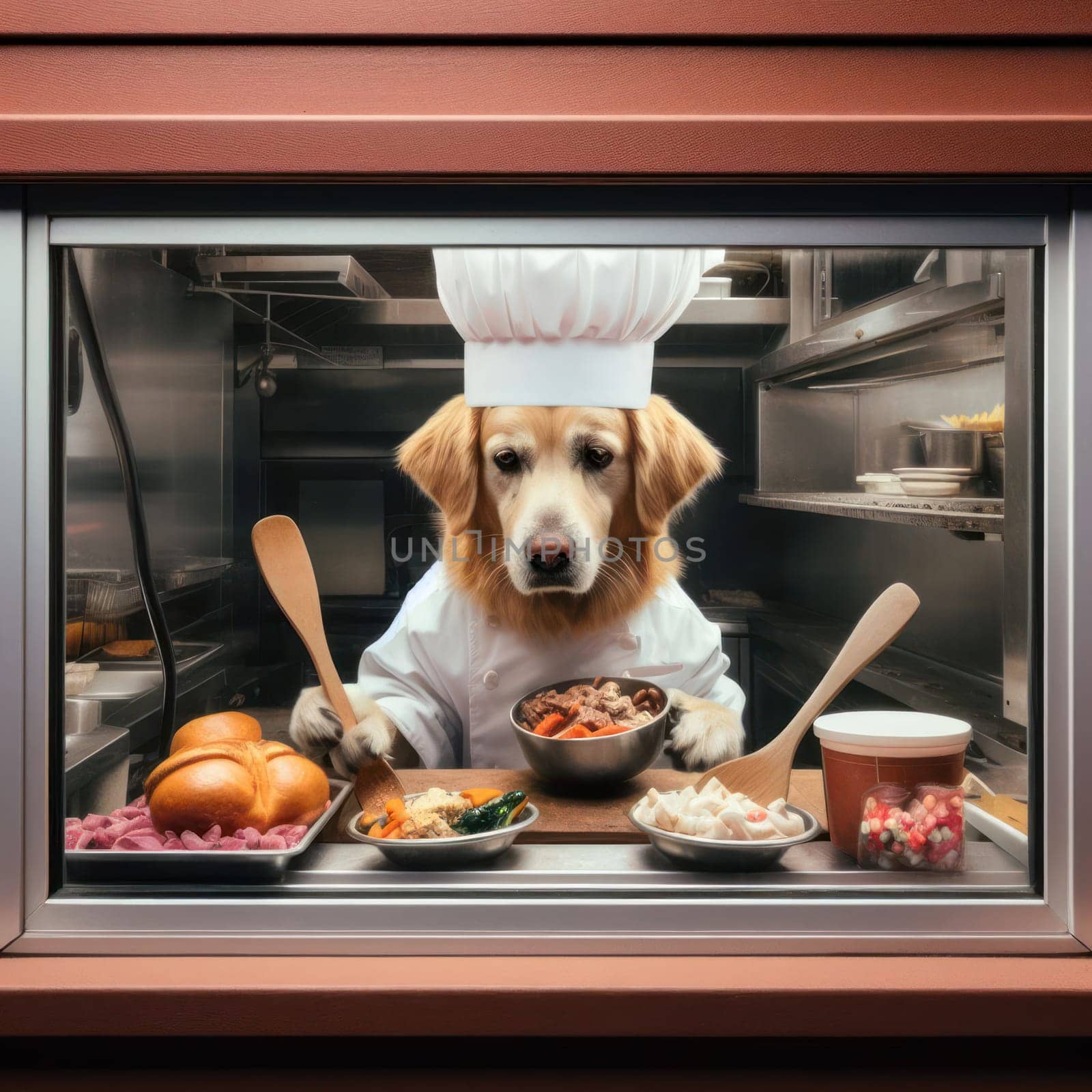 the cook in this restaurant kitchen is dog wearing chefs hat and jacket generative ai