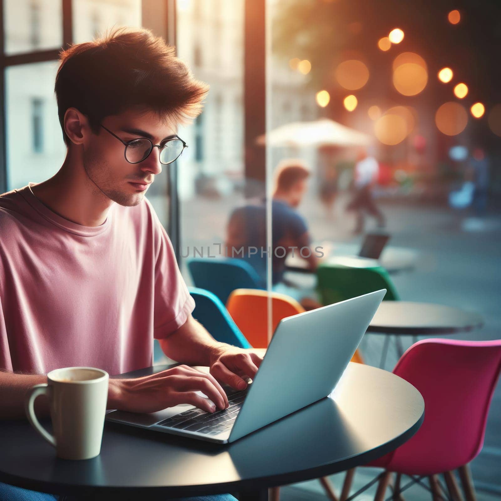 student using a laptop in a cafe generative ai