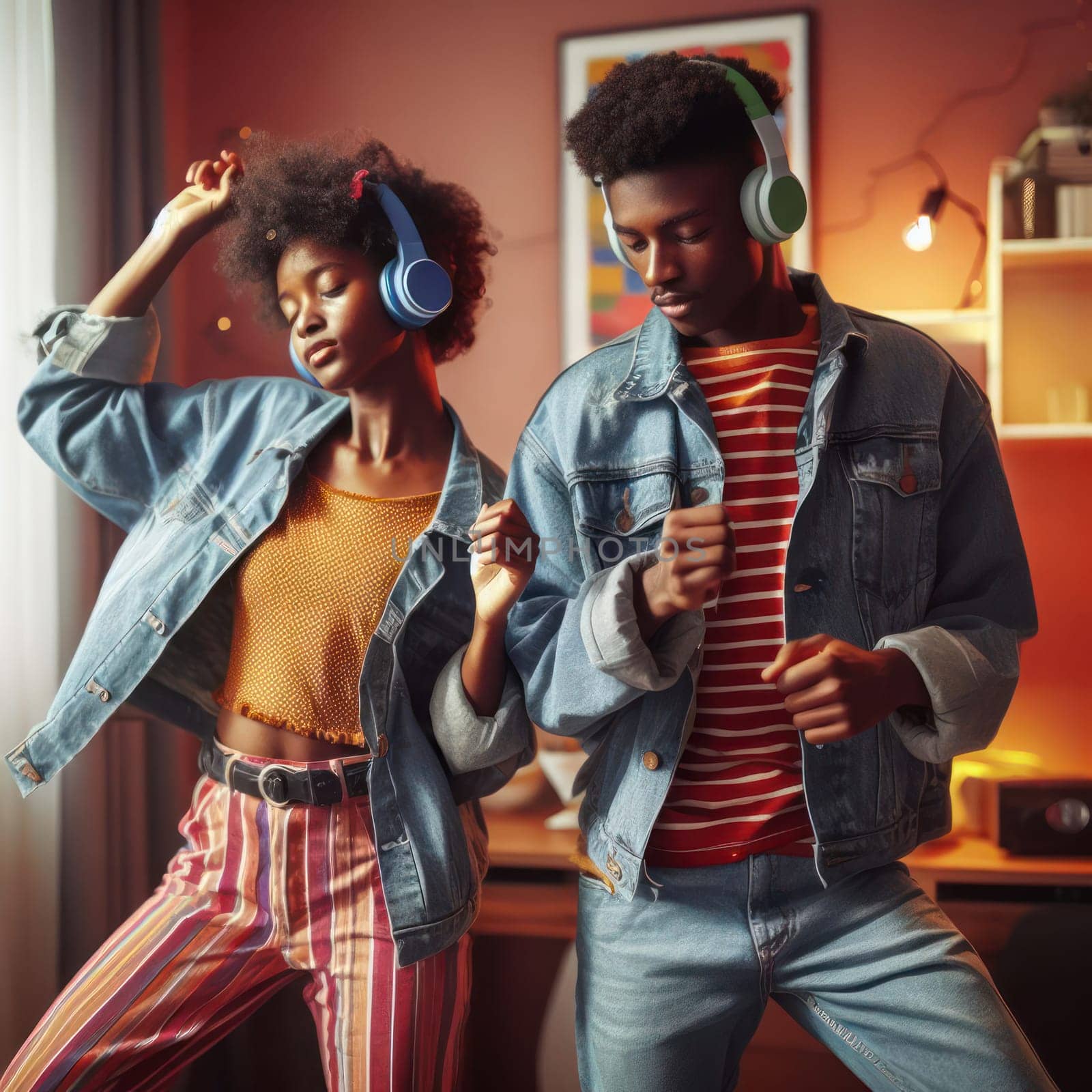two teenagers dancing in their lounge room with headphones generative ai