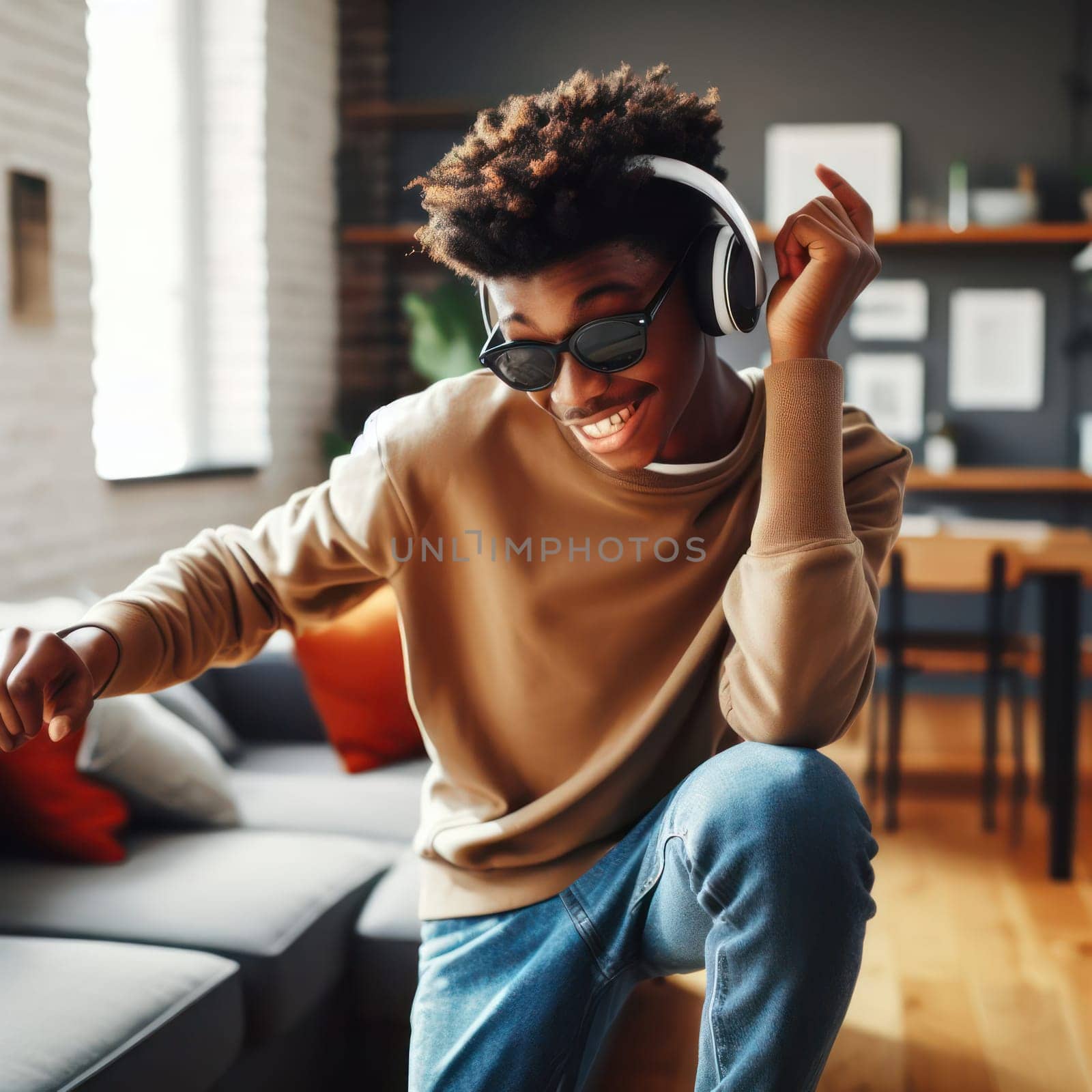 teenager dancing and listening to music with headphones at home  generative ai