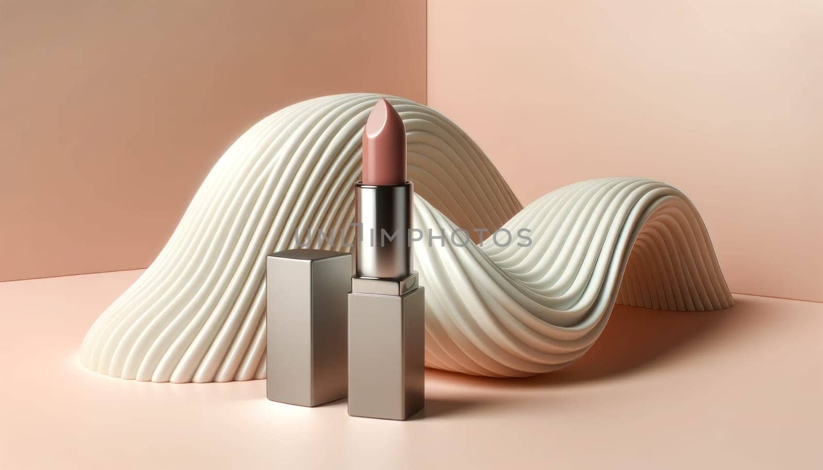 Wavy white sculpture with a nude lipstick on a soft peach pink pastel background. Created using AI Generated technology and image editing software.