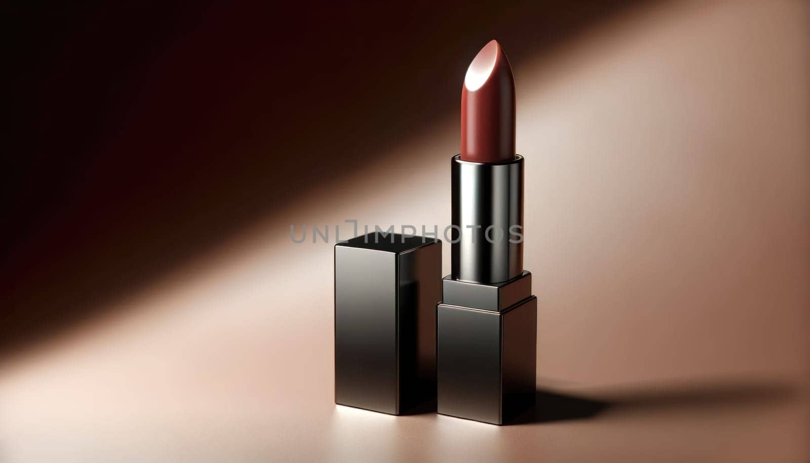 Mauve lipstick with metallic case on a soft brown background with a diagonal shadow. Created using AI Generated technology and image editing software.