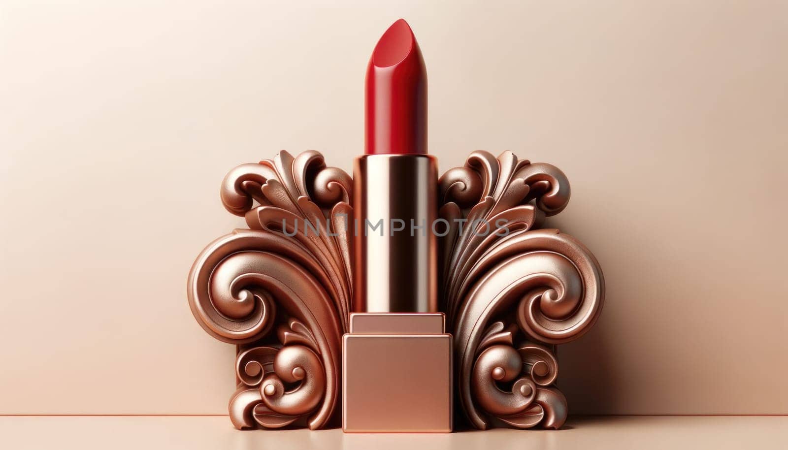 Bright red lipstick with bronze ornamental design on a beige background. Created using AI Generated technology and image editing software.