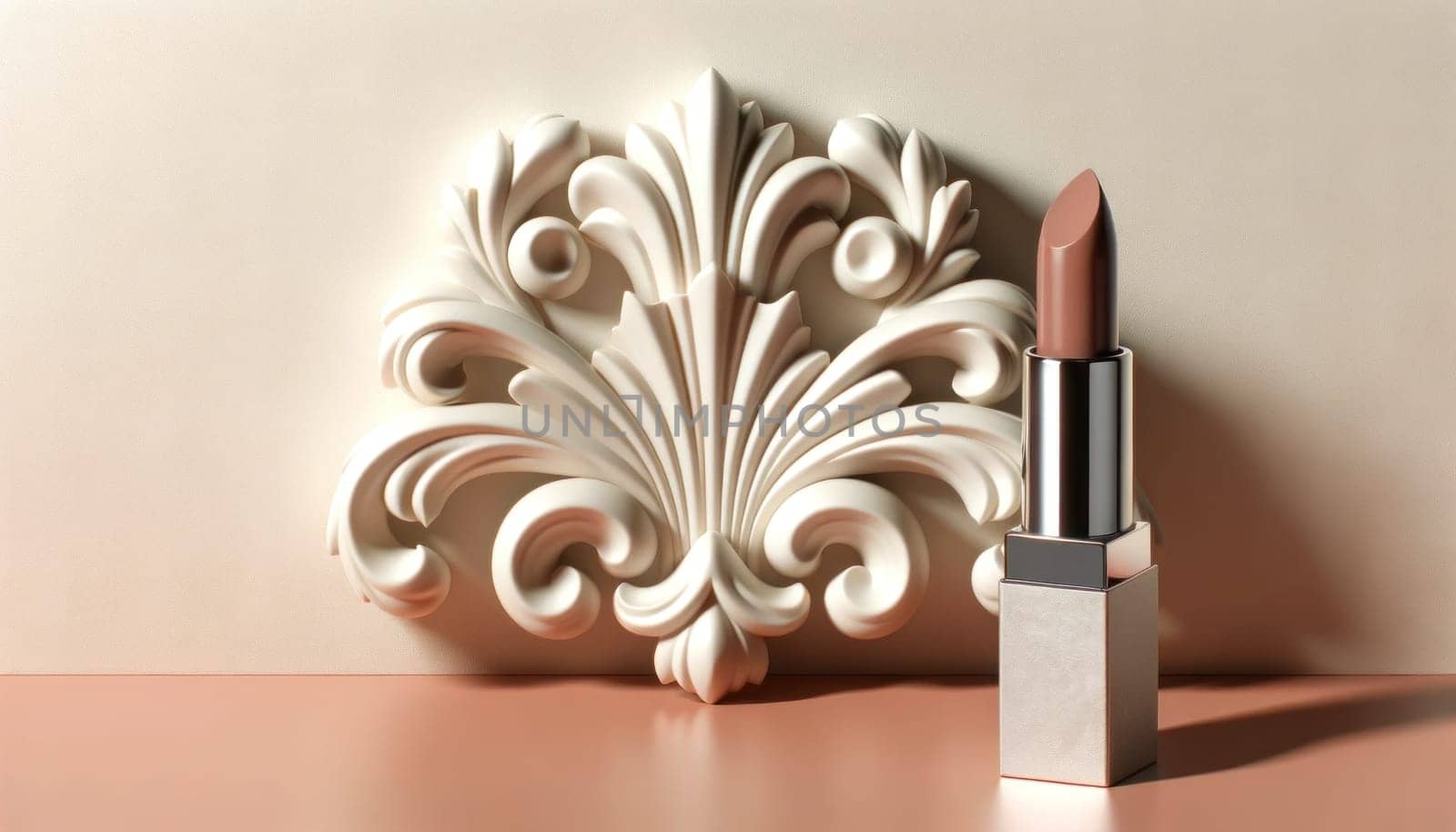 White ornamental design on ivory wall with nude rose lipstick on peach pink surface. Created using AI Generated technology and image editing software.